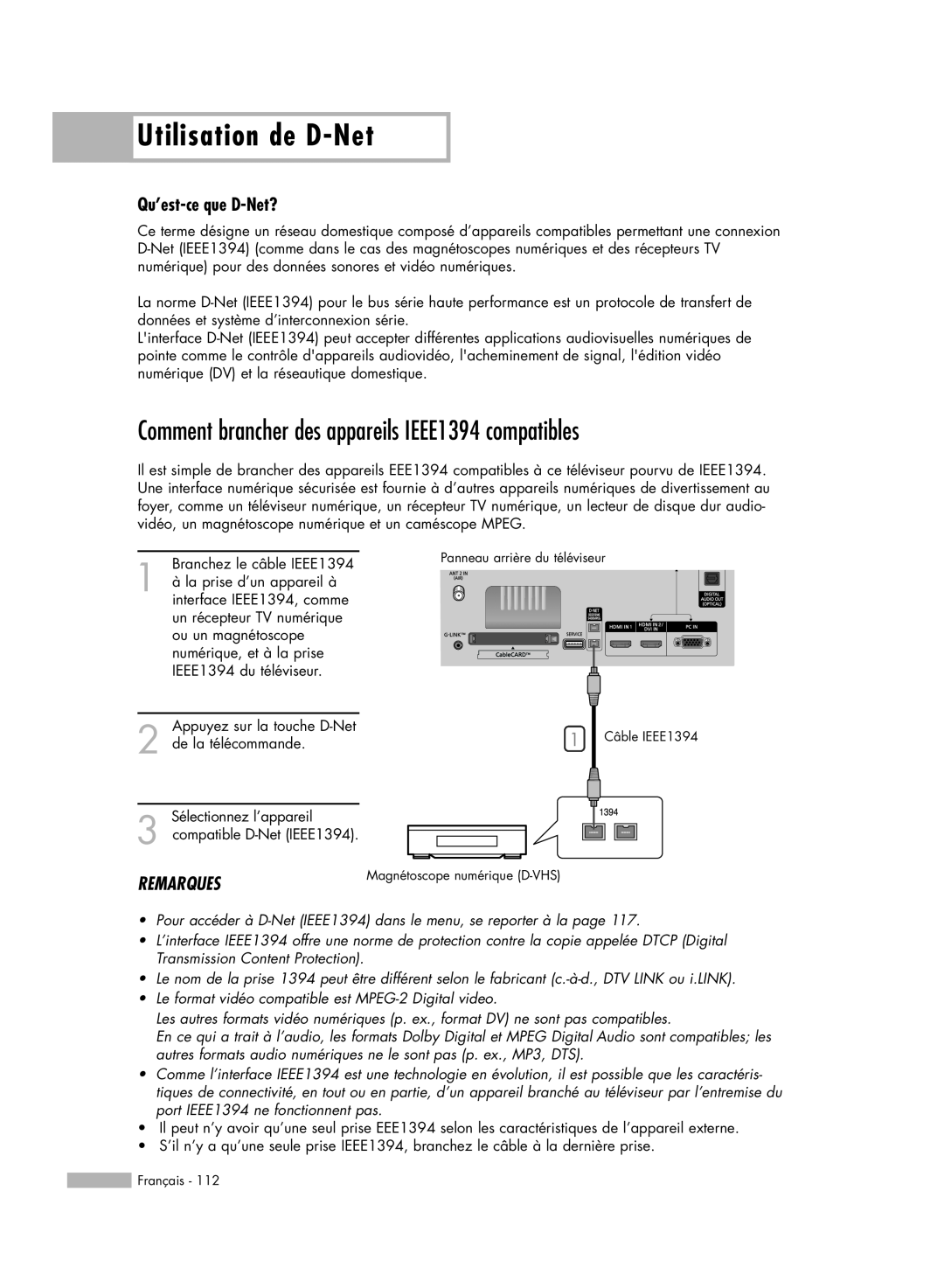 Samsung HL-R6178W manual Utilisation de D-Net, Comment brancher des appareils IEEE1394 compatibles, Qu’est-ce que D-Net? 
