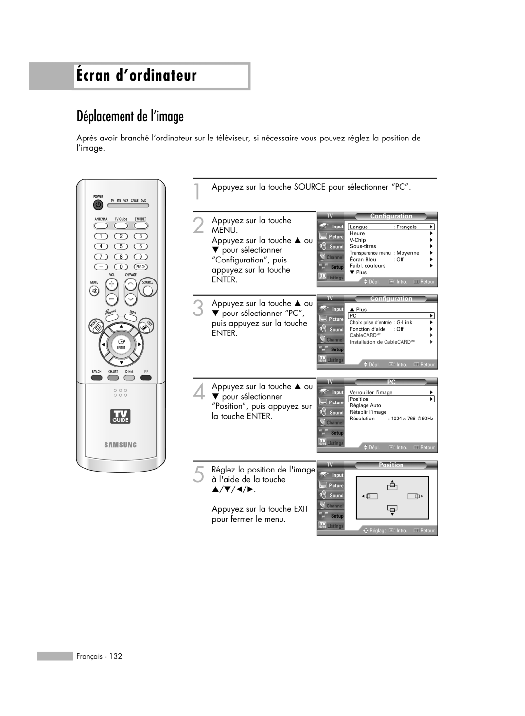 Samsung HL-R6178W, HL-R5078W, HL-R5678W, HL-R7178W manual Déplacement de l’image, Écran d’ordinateur 