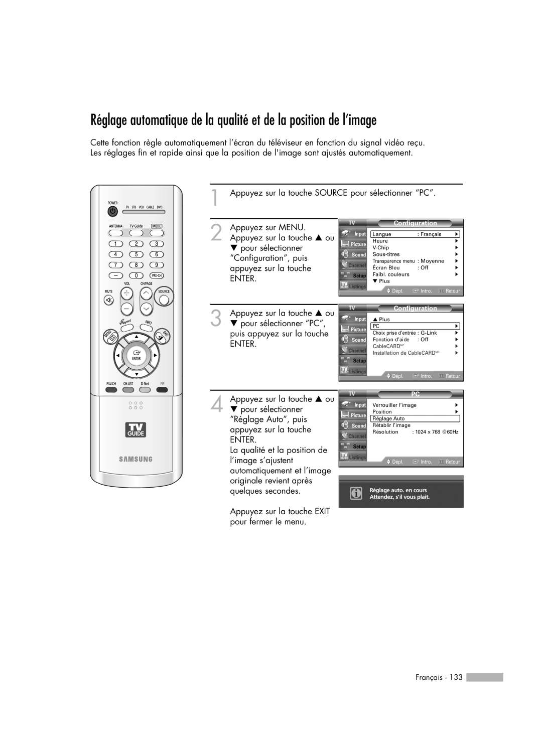 Samsung HL-R5078W Réglage automatique de la qualité et de la position de l’image, Français, Configuration, Dépl, Intro 