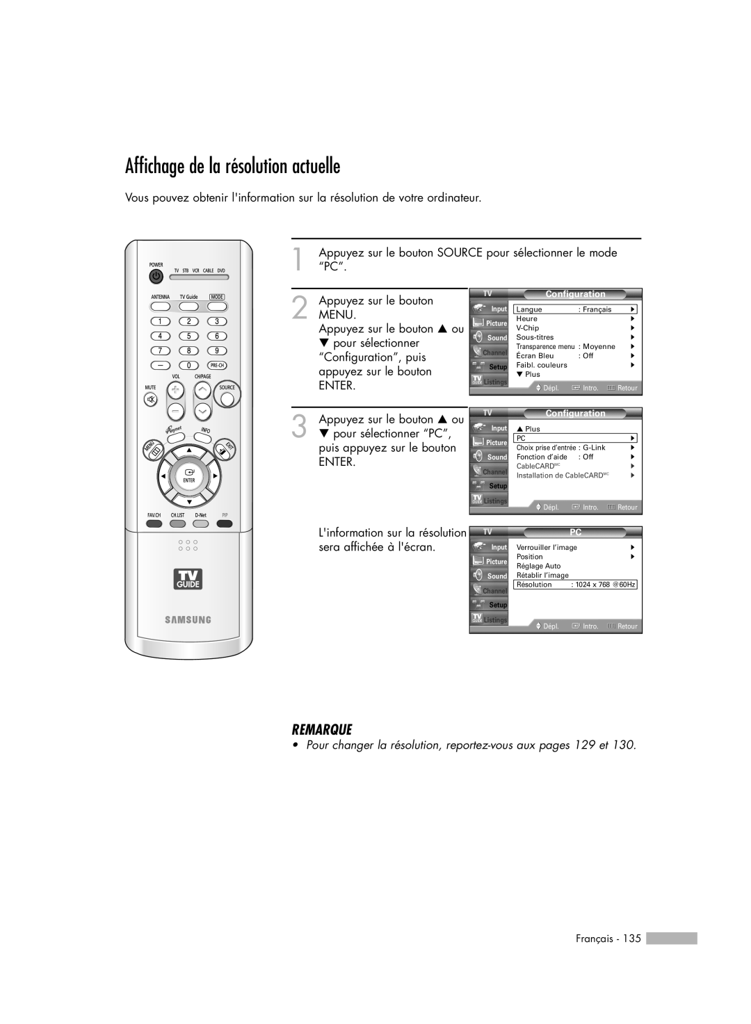 Samsung HL-R7178W Affichage de la résolution actuelle, Remarque, Appuyez sur le bouton SOURCE pour sélectionner le mode 