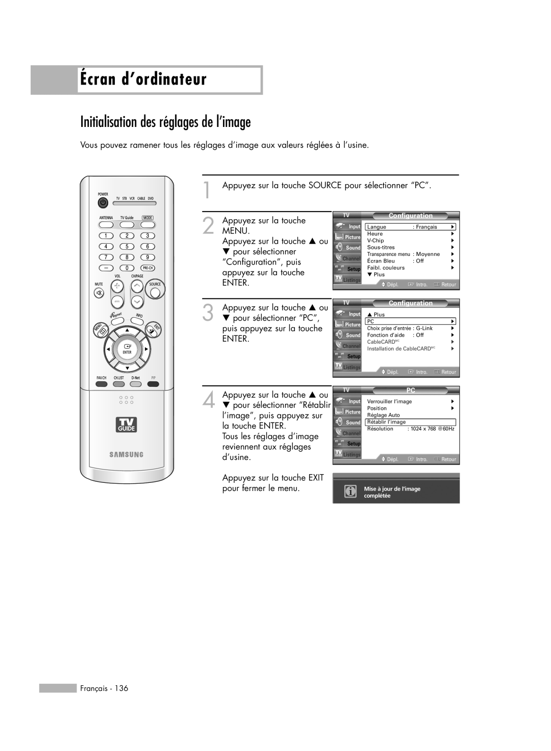 Samsung HL-R6178W, HL-R5078W, HL-R5678W, HL-R7178W manual Initialisation des réglages de l’image, Écran d’ordinateur 
