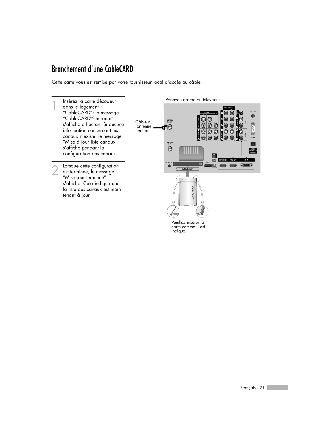Samsung HL-R5078W, HL-R6178W, HL-R5678W, HL-R7178W manual Branchement dune CableCARD 