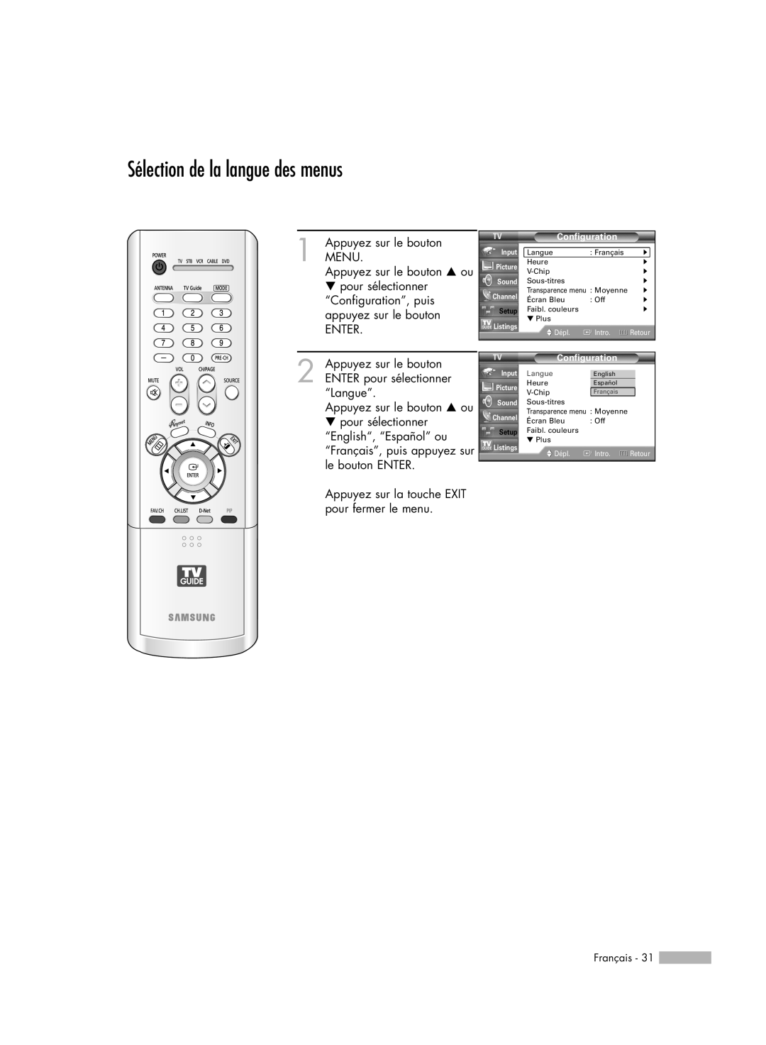 Samsung HL-R7178W, HL-R6178W, HL-R5078W, HL-R5678W manual Sélection de la langue des menus 