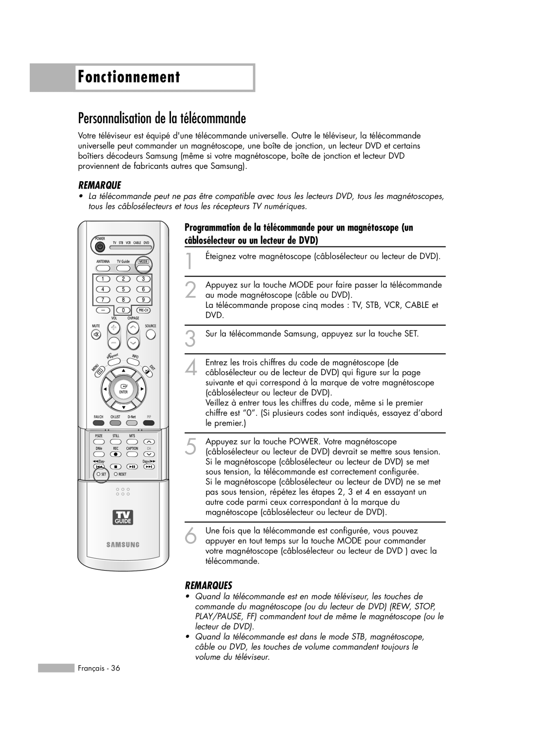 Samsung HL-R6178W, HL-R5078W, HL-R5678W, HL-R7178W manual Personnalisation de la télécommande, Fonctionnement, Remarques 