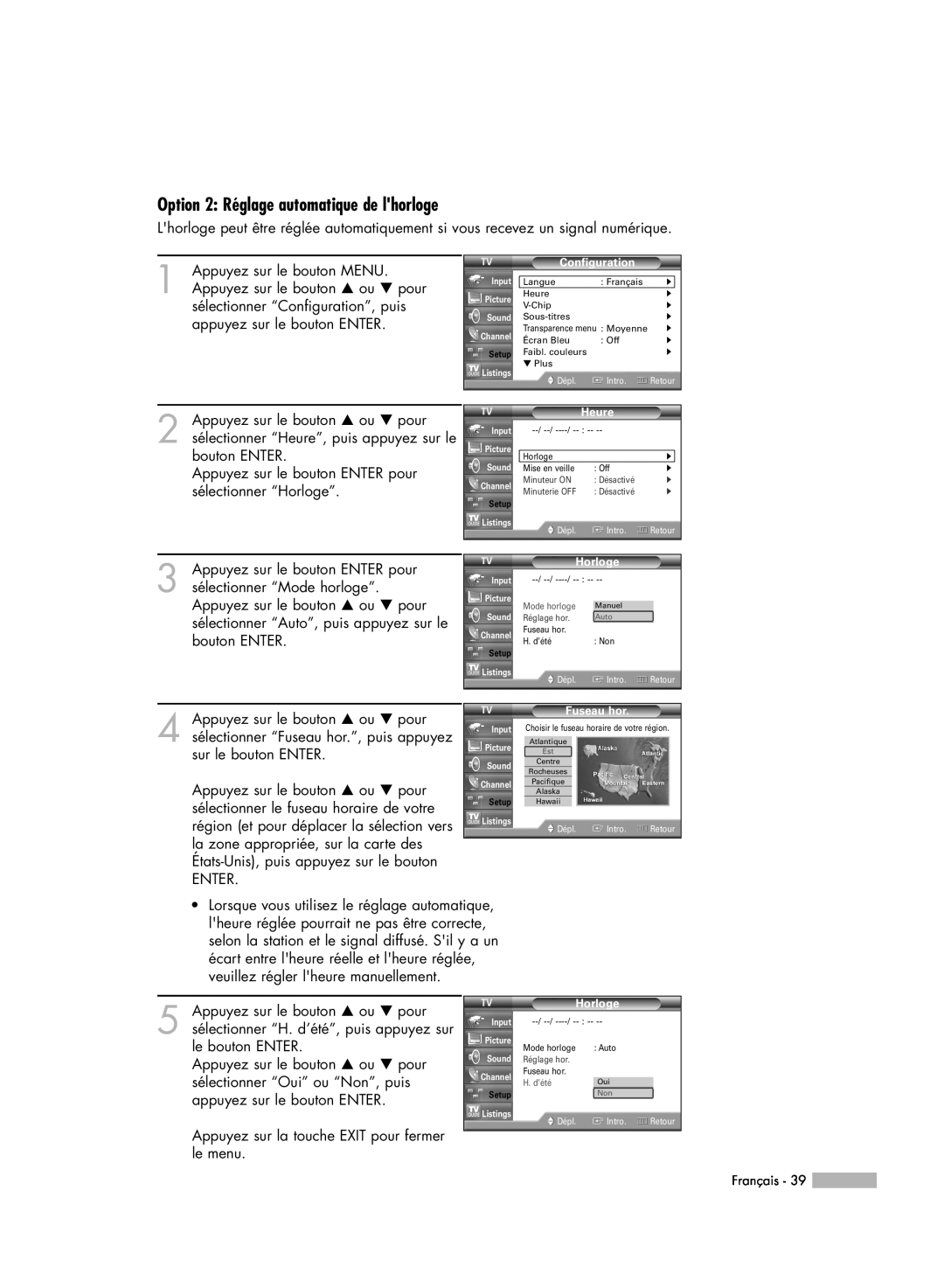 Samsung HL-R7178W manual Option 2 Réglage automatique de lhorloge, Manuel, Atlantique, Rocheuses Channel Pacifique Alaska 