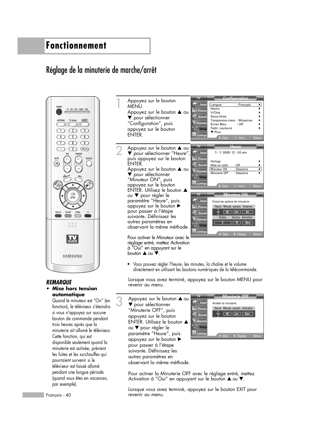Samsung HL-R6178W manual Réglage de la minuterie de marche/arrêt, Fonctionnement, Remarque, Mise hors tension, automatique 
