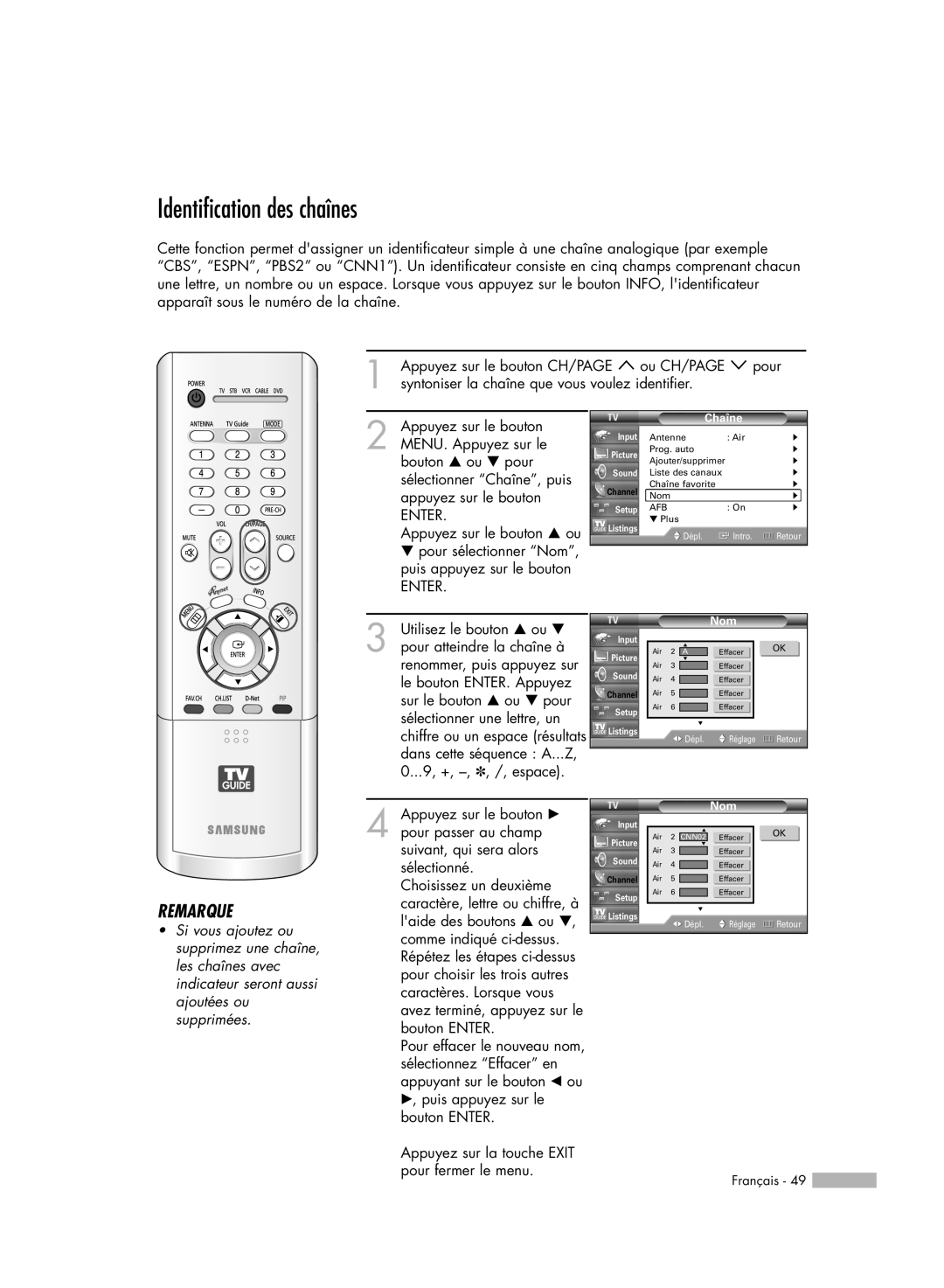 Samsung HL-R5078W, HL-R6178W, HL-R5678W, HL-R7178W manual Identification des chaînes, Remarque, Chaîne 