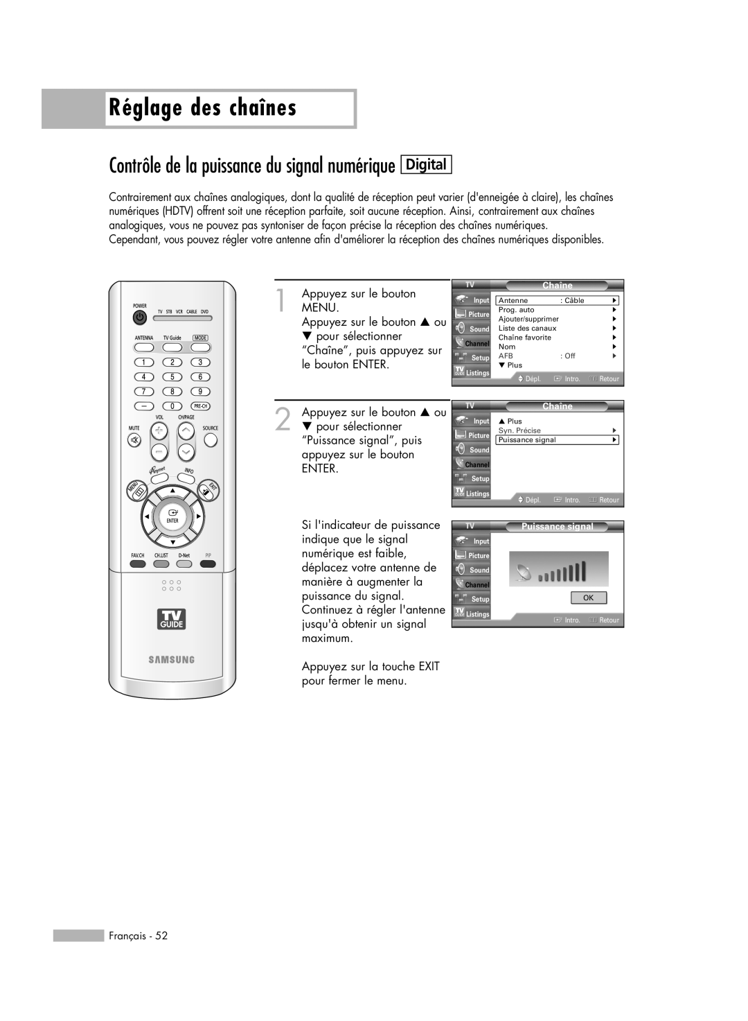 Samsung HL-R6178W, HL-R5078W, HL-R5678W manual Digital, Contrôle de la puissance du signal numérique, Réglage des chaînes 