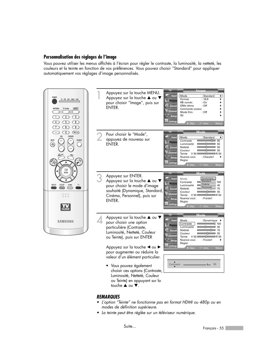 Samsung HL-R7178W, HL-R6178W, HL-R5078W, HL-R5678W manual Personnalisation des réglages de l’image, Remarques 
