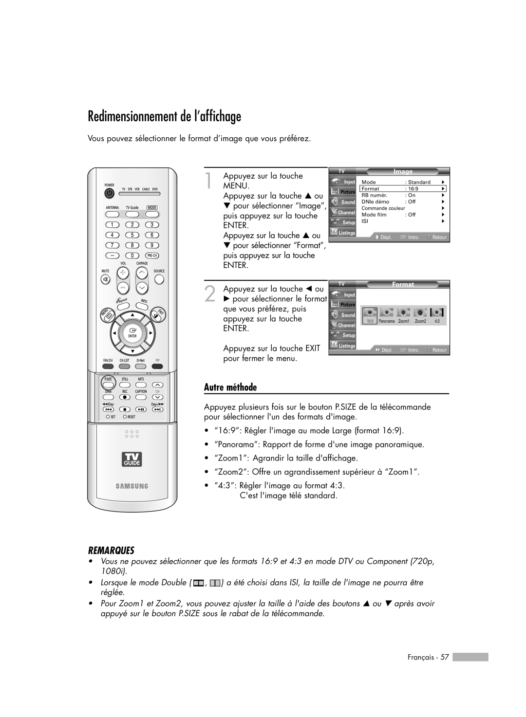 Samsung HL-R5078W, HL-R6178W, HL-R5678W Redimensionnement de l’affichage, Autre méthode, Remarques, Panorama, Zoom1 Zoom2 