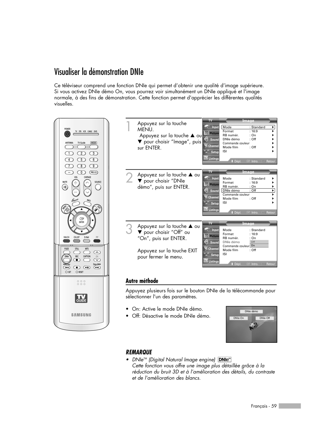 Samsung HL-R7178W manual Visualiser la démonstration DNIe, Autre méthode, Remarque, DNIeTM Digital Natural Image engine 