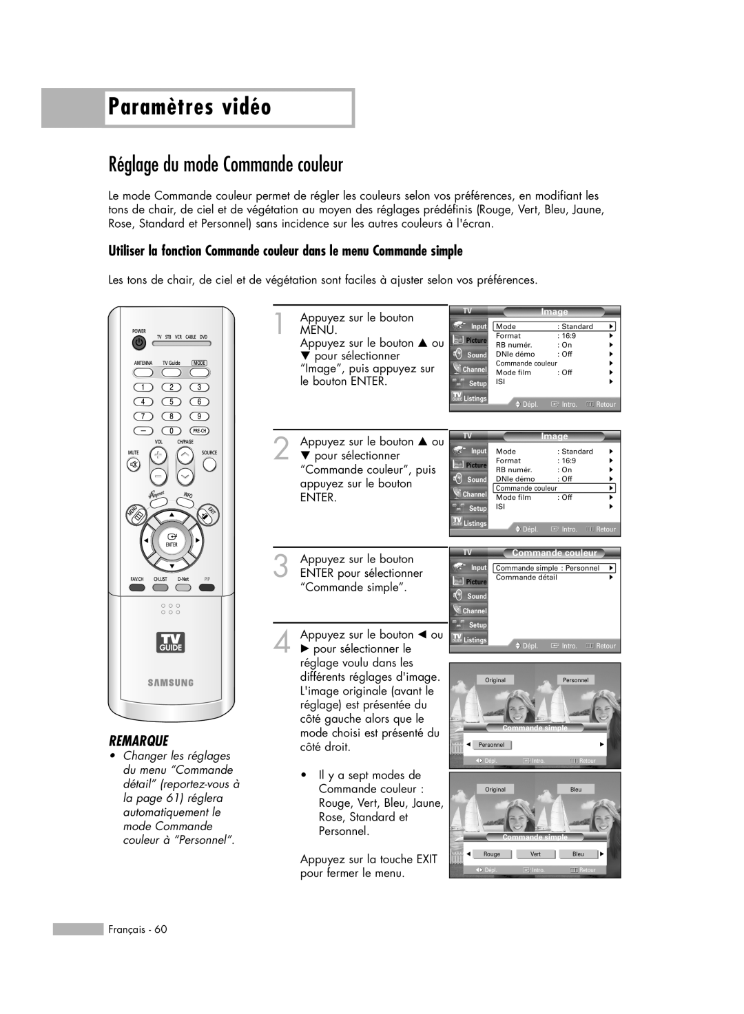 Samsung HL-R6178W Réglage du mode Commande couleur, Utiliser la fonction Commande couleur dans le menu Commande simple 