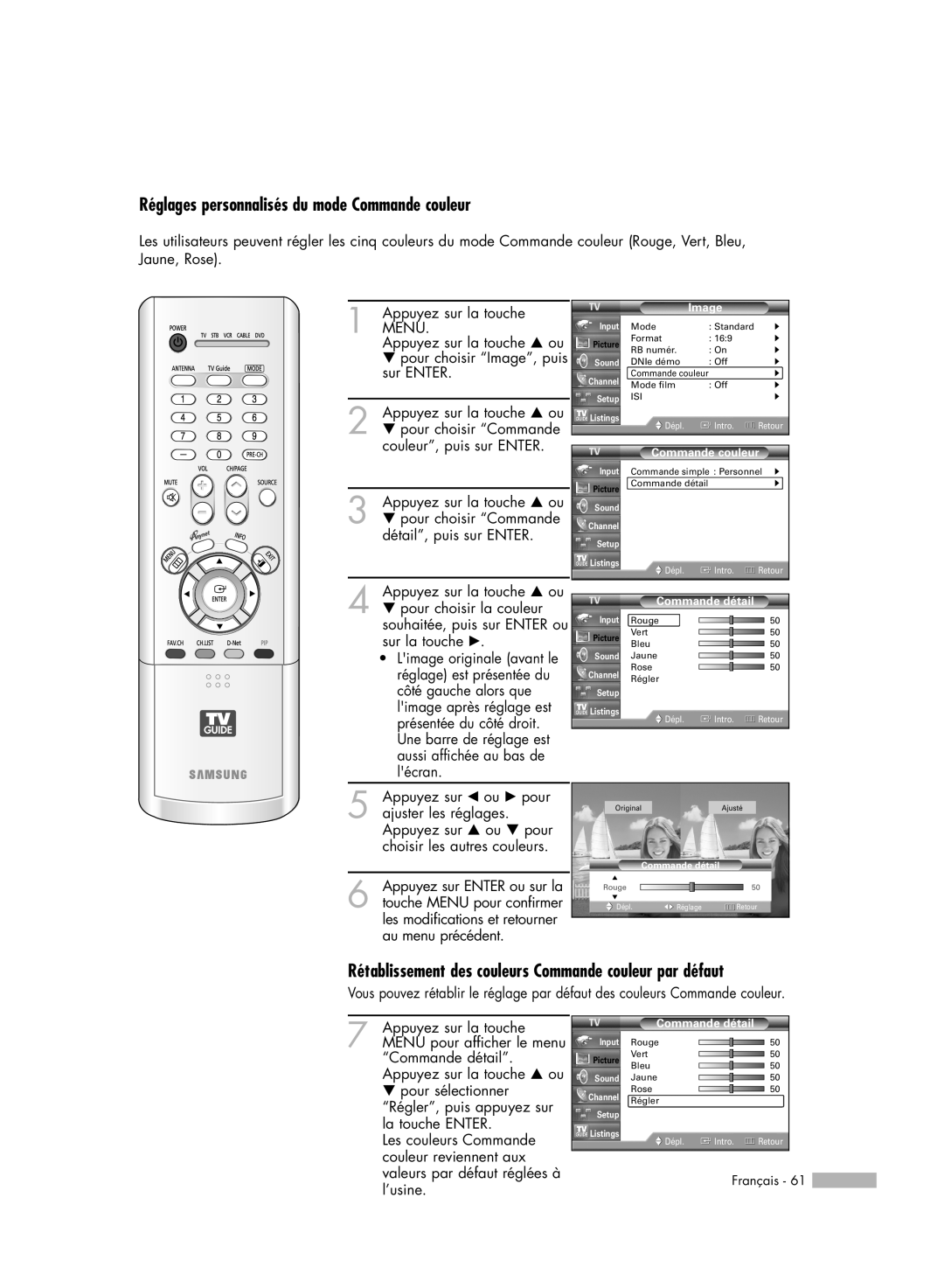 Samsung HL-R5078W Réglages personnalisés du mode Commande couleur, Rétablissement des couleurs Commande couleur par défaut 