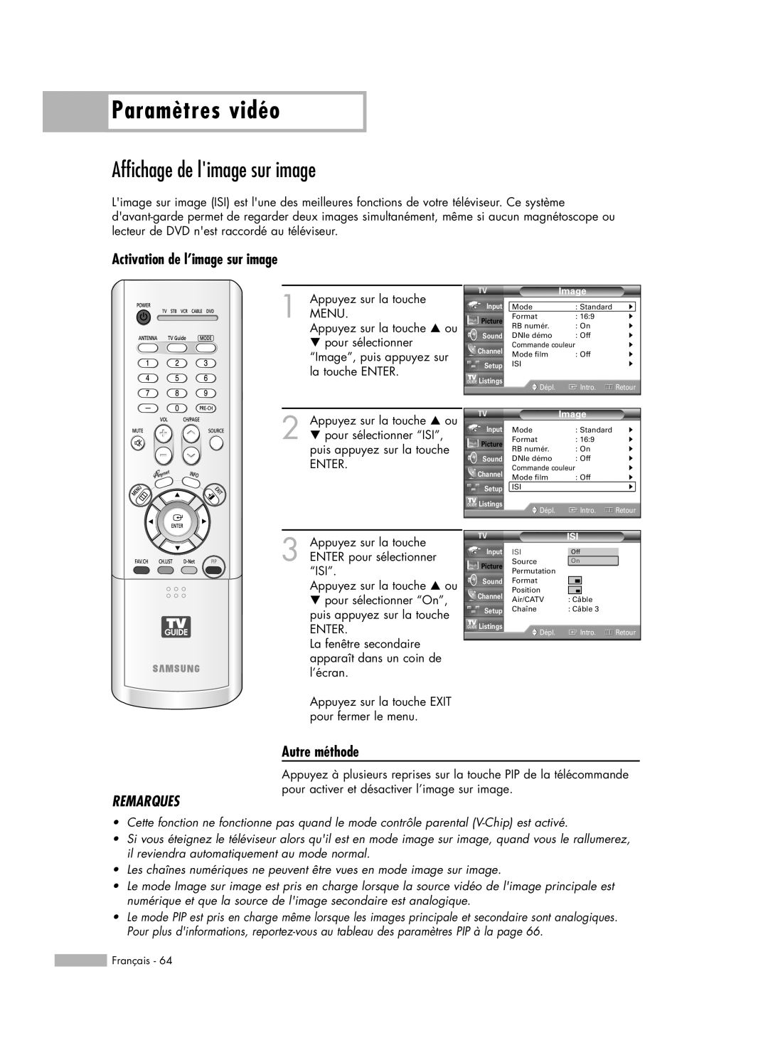 Samsung HL-R6178W manual Affichage de limage sur image, Activation de l’image sur image, Paramètres vidéo, Autre méthode 