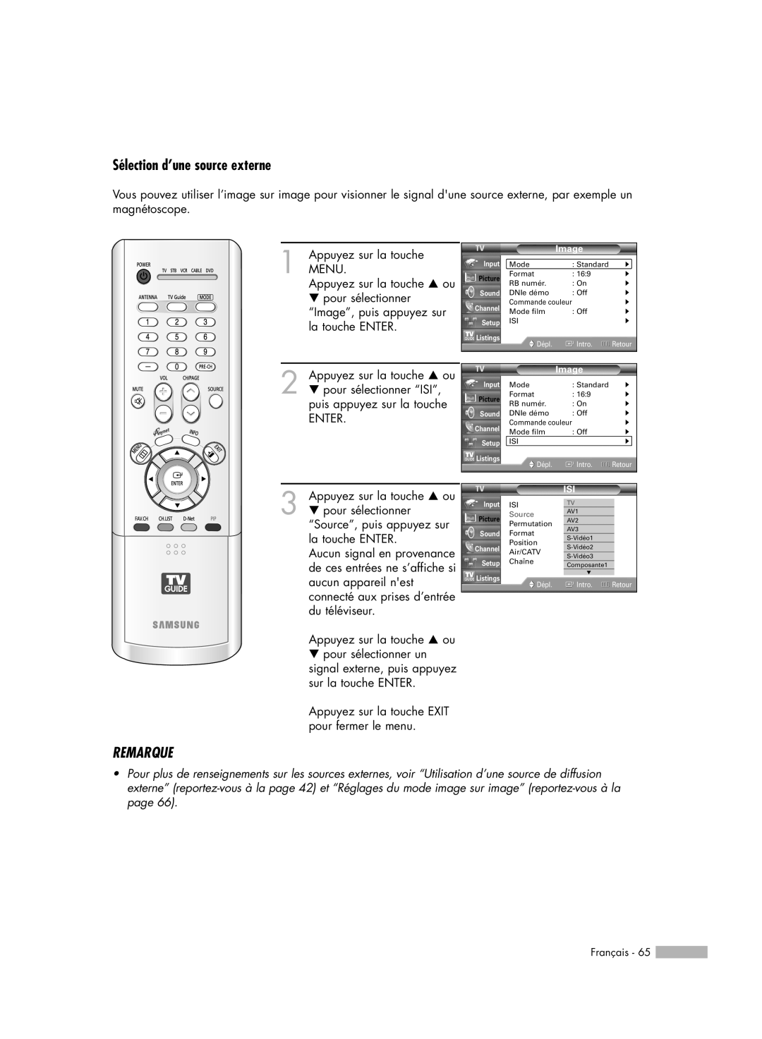Samsung HL-R5078W, HL-R6178W, HL-R5678W, HL-R7178W manual Sélection d’une source externe, Remarque, Source 