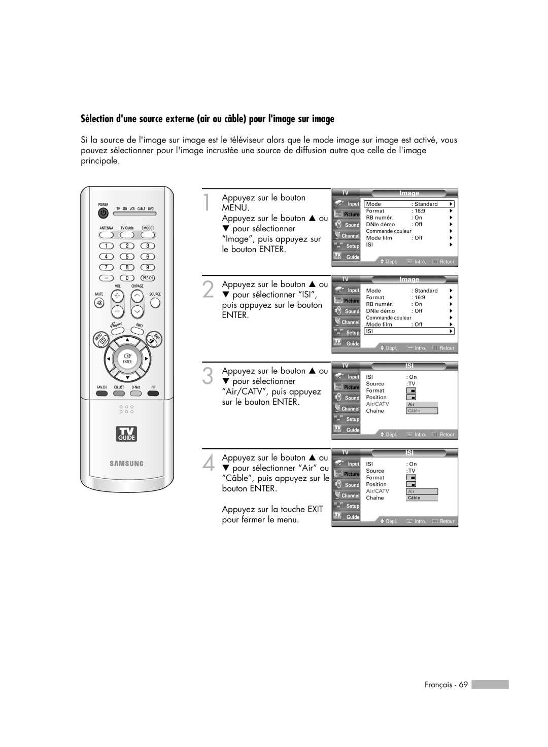 Samsung HL-R5078W, HL-R6178W, HL-R5678W, HL-R7178W manual Sélection dune source externe air ou câble pour limage sur image 