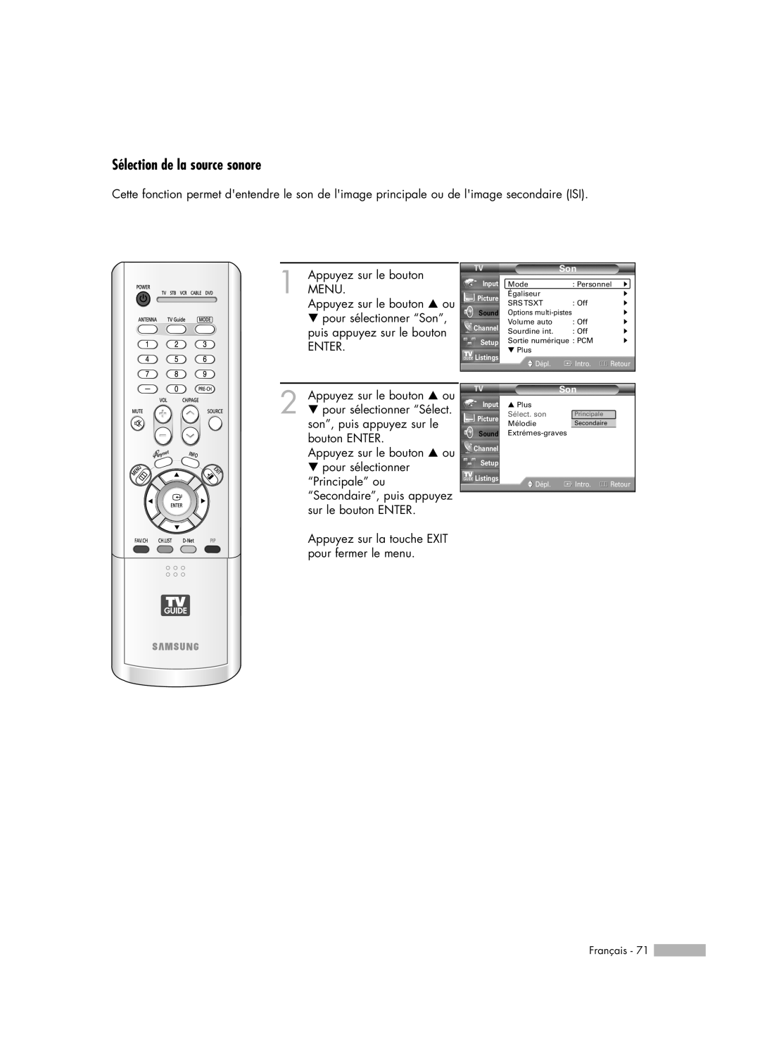 Samsung HL-R7178W, HL-R6178W, HL-R5078W, HL-R5678W manual Sélection de la source sonore, Sélect. son 
