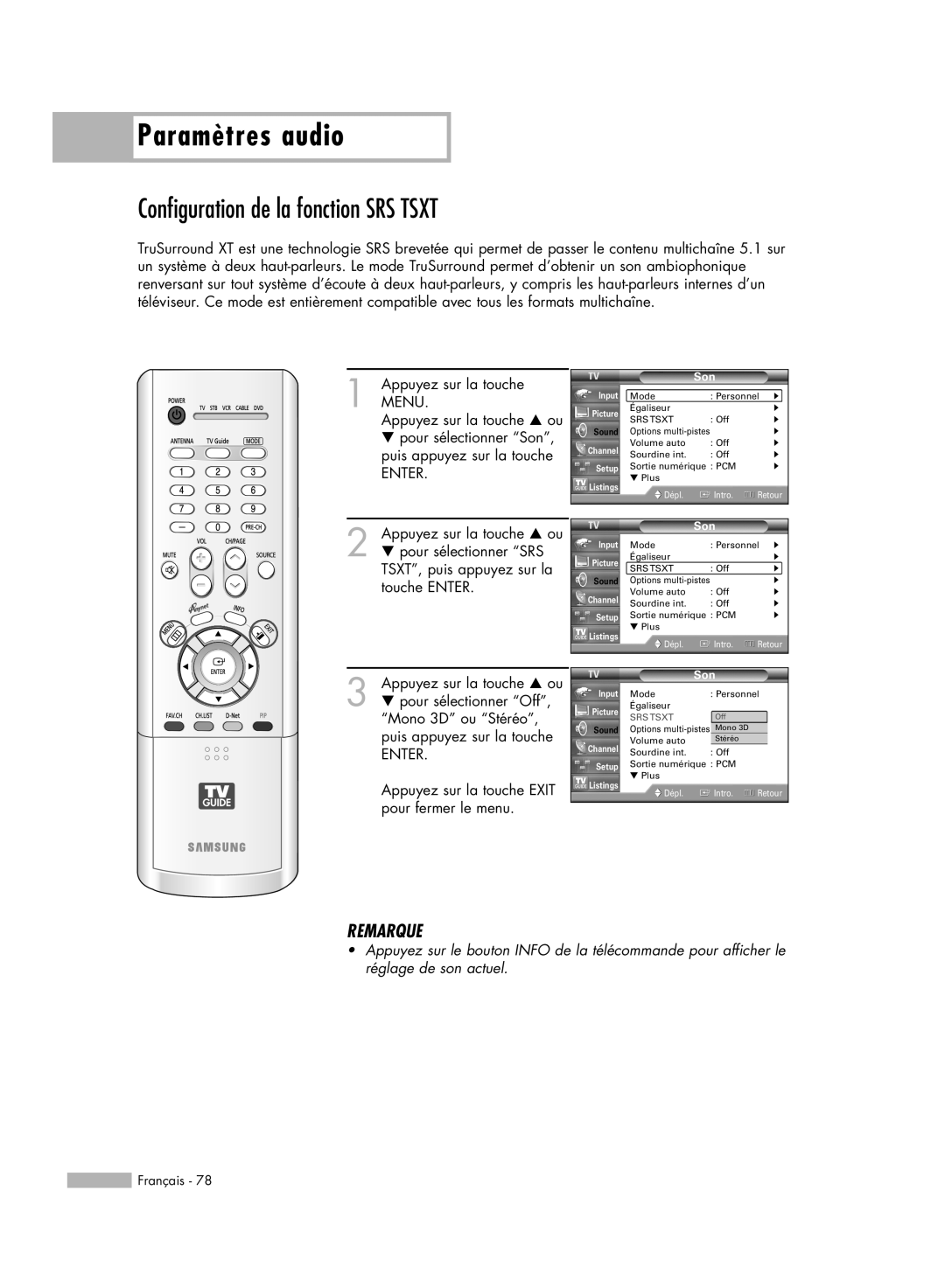 Samsung HL-R5678W, HL-R6178W, HL-R5078W manual Configuration de la fonction SRS TSXT, Paramètres audio, Remarque, Srs Tsxt 