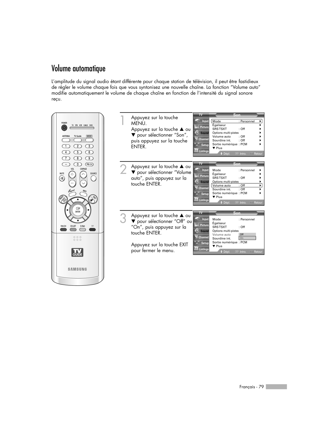 Samsung HL-R7178W, HL-R6178W, HL-R5078W, HL-R5678W manual Volume automatique 