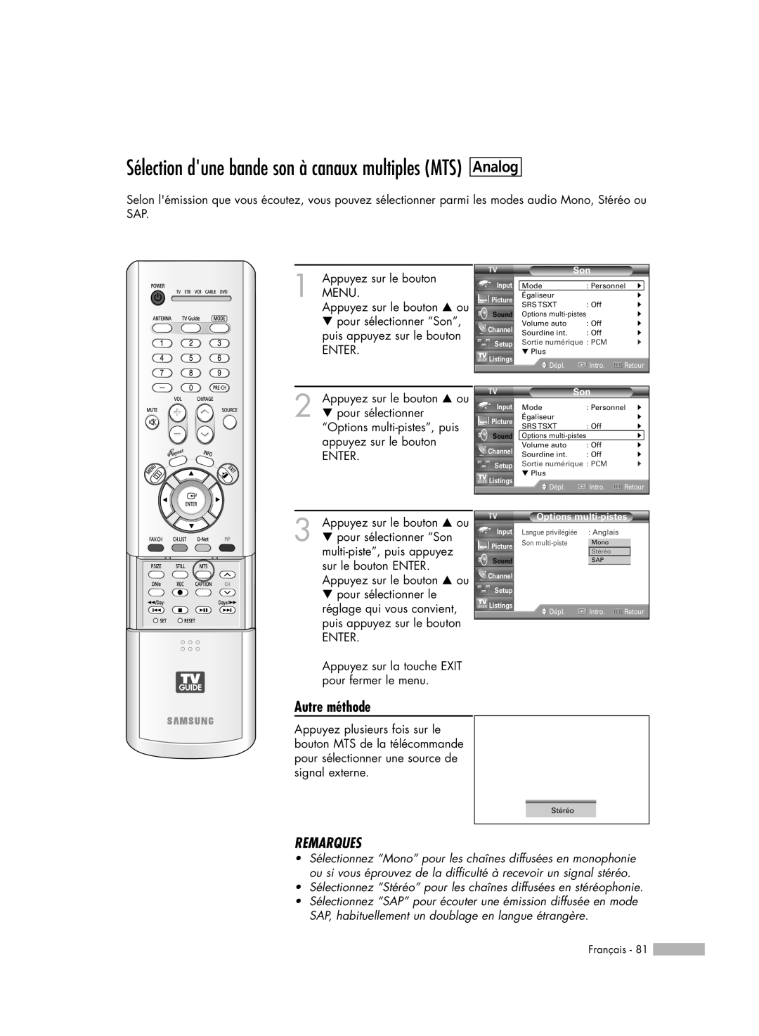 Samsung HL-R5078W Analog, Sélection dune bande son à canaux multiples MTS, Autre méthode, Remarques, Français, Dépl, Intro 