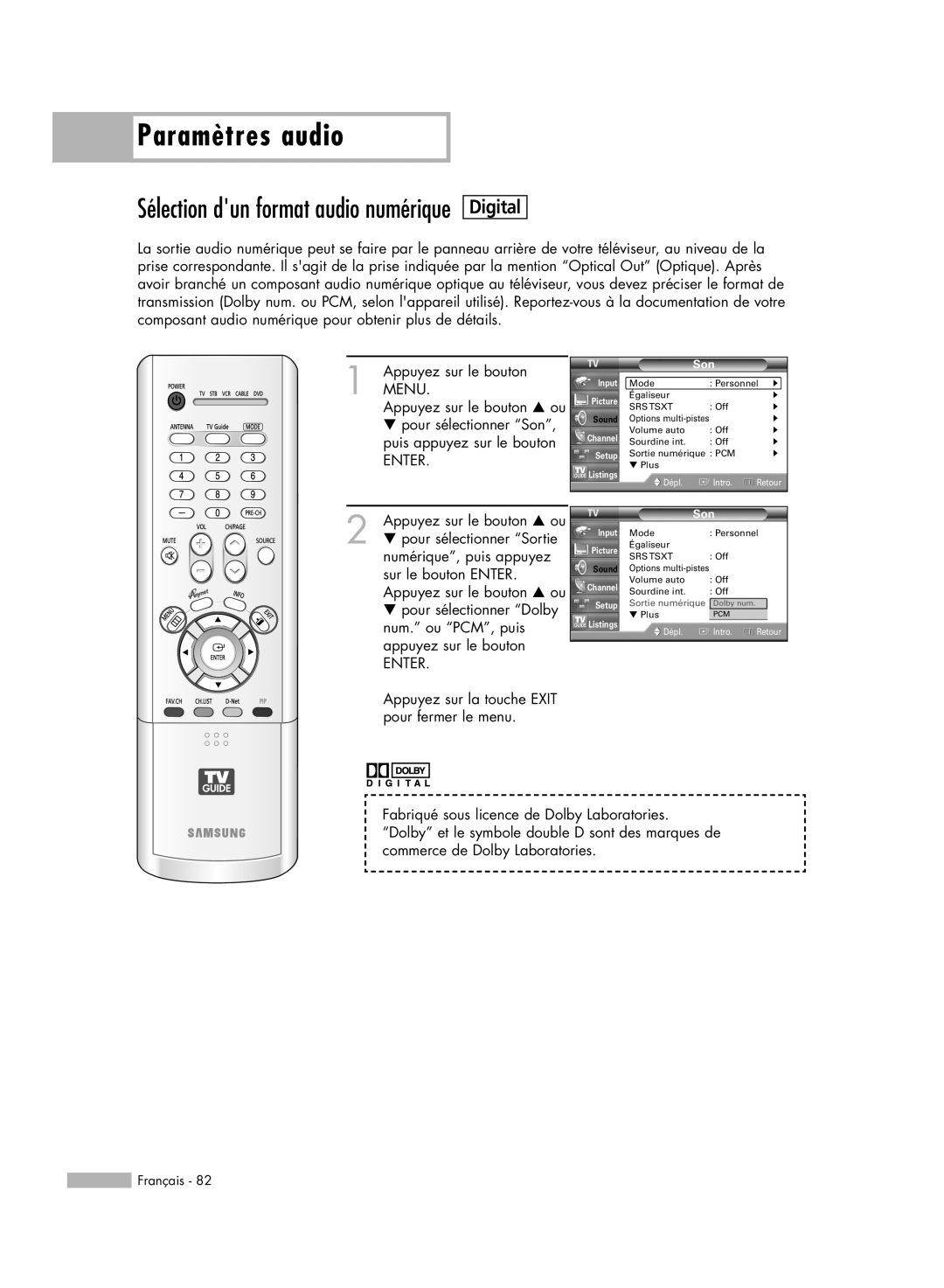 Samsung HL-R5678W, HL-R6178W, HL-R5078W Sélection dun format audio numérique, Paramètres audio, Digital, Sortie numérique 