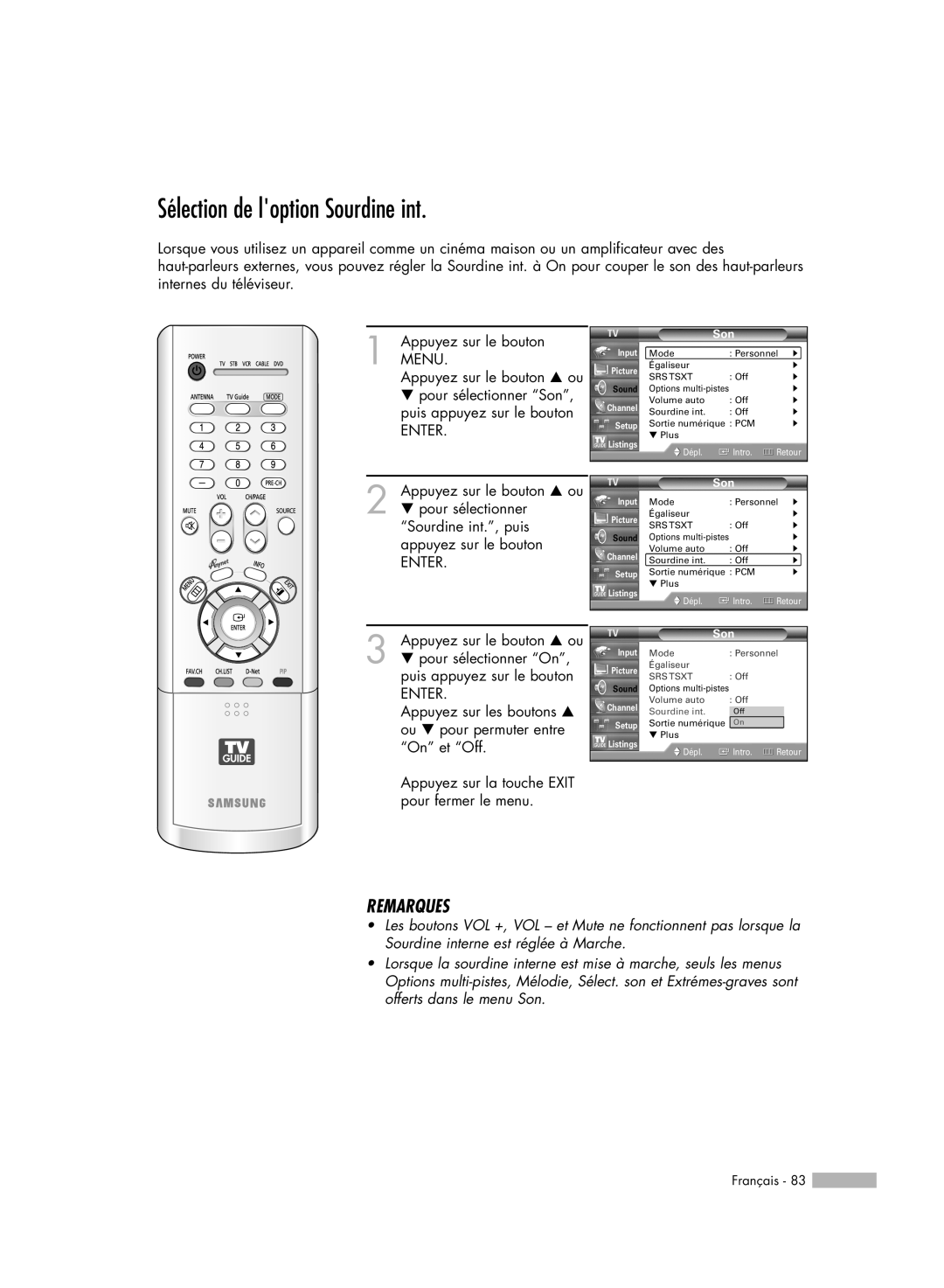 Samsung HL-R7178W, HL-R6178W, HL-R5078W, HL-R5678W manual Sélection de loption Sourdine int, Remarques, Sound 