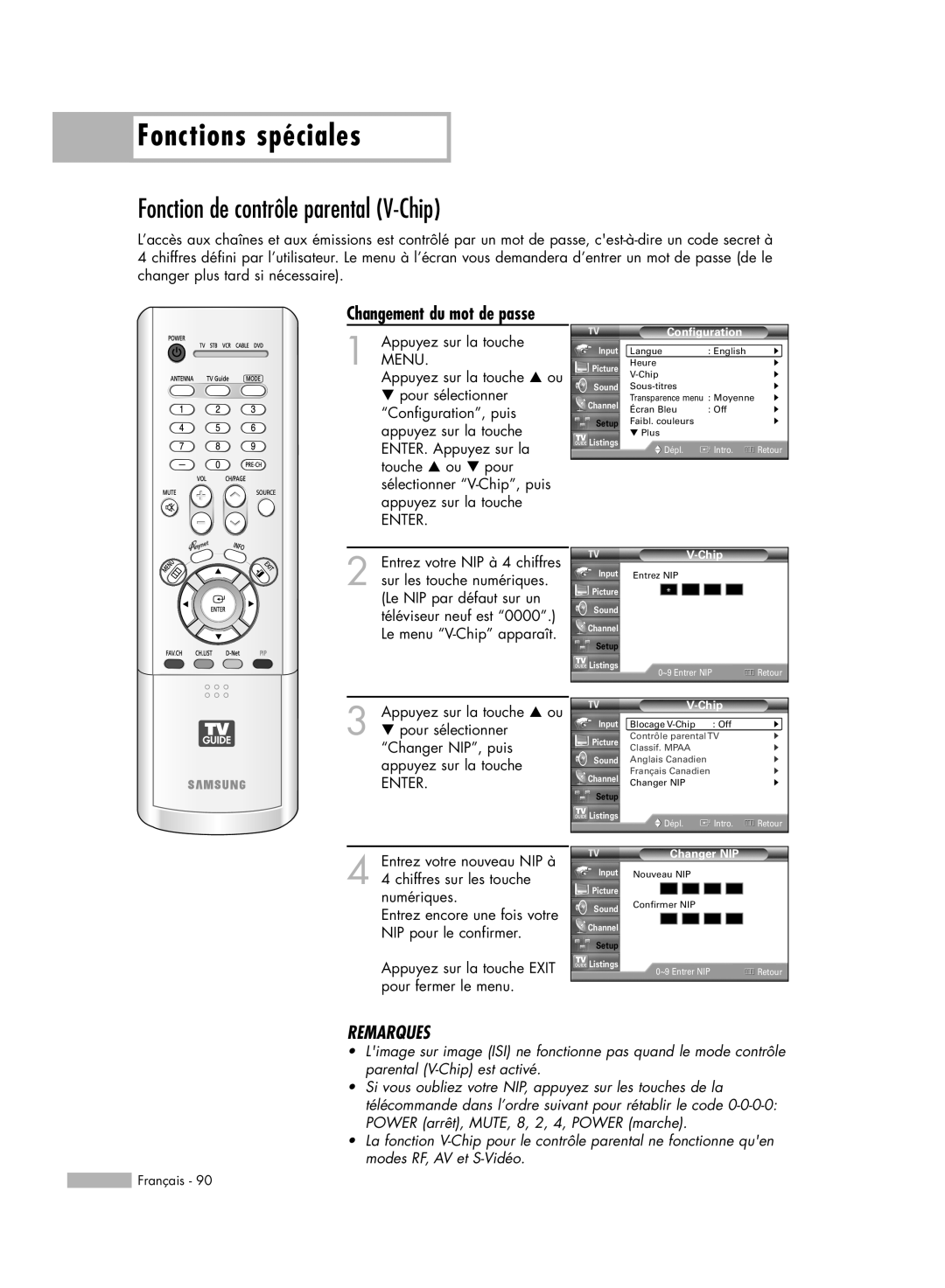 Samsung HL-R5678W manual Fonction de contrôle parental V-Chip, Fonctions spéciales, Remarques, Changement du mot de passe 