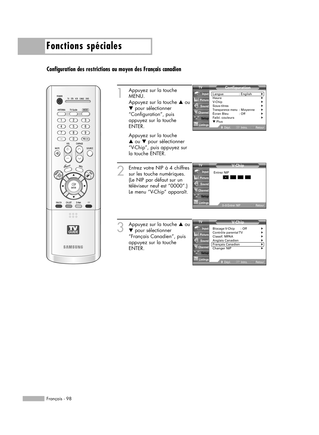 Samsung HL-R5678W Fonctions spéciales, † pour sélectionner “Français Canadien”, puis appuyez sur la touche, Configuration 