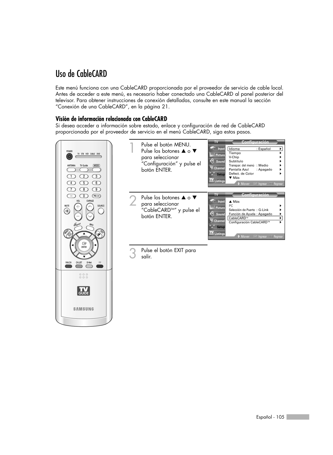 Samsung HL-R5078W, HL-R6178W, HL-R5678W, HL-R7178W manual Uso de CableCARD, Visión de información relacionada con CableCARD 