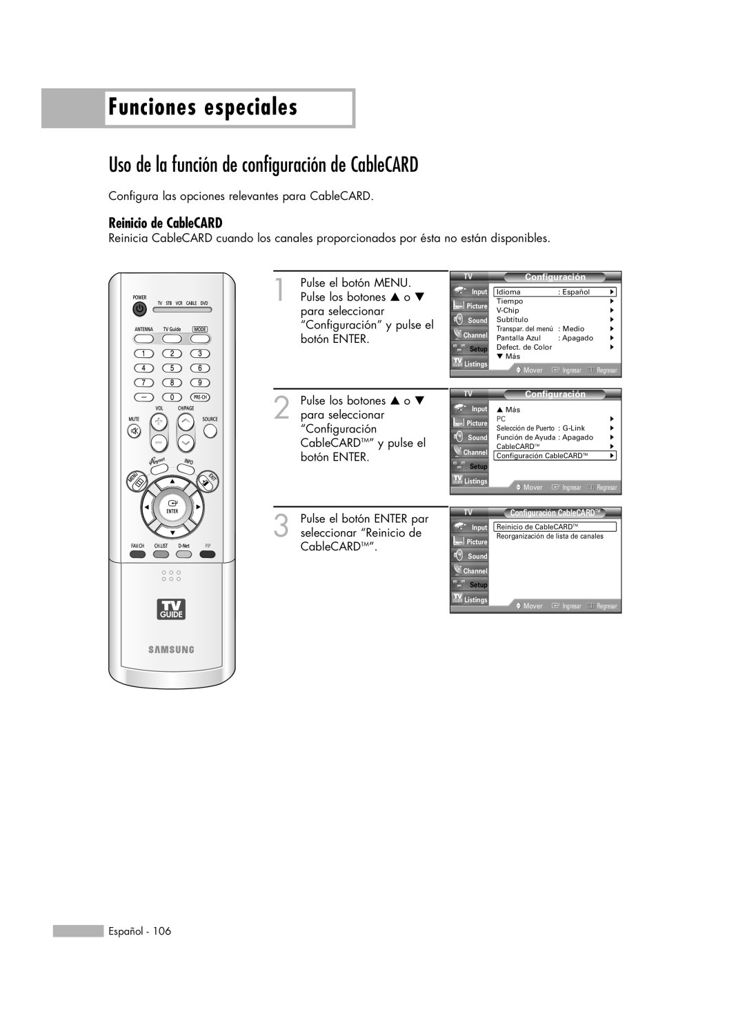 Samsung HL-R5678W, HL-R6178W Uso de la función de configuración de CableCARD, Reinicio de CableCARD, Funciones especiales 