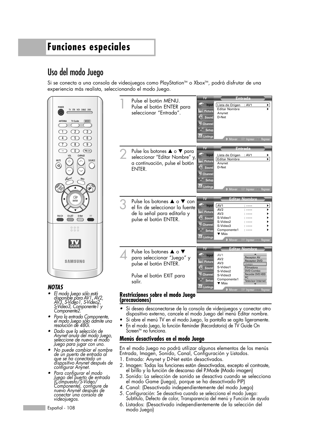 Samsung HL-R6178W, HL-R5078W manual Uso del modo Juego, Menús desactivados en el modo Juego, Funciones especiales, Notas 