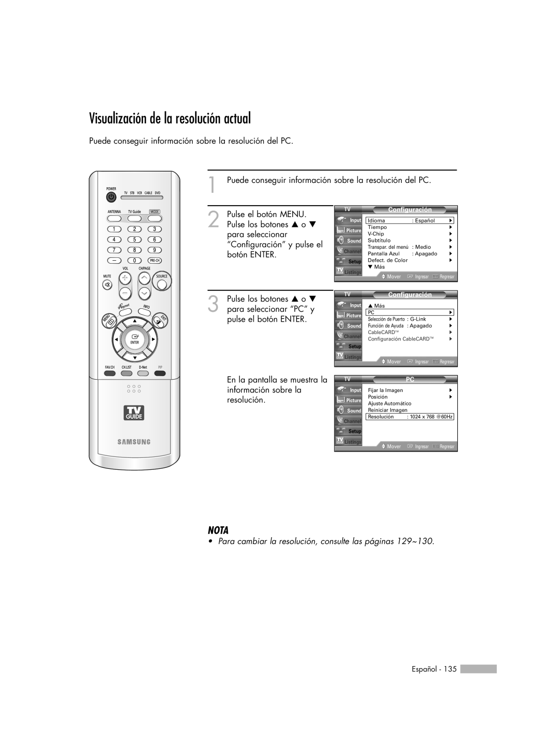 Samsung HL-R7178W, HL-R6178W, HL-R5078W, HL-R5678W manual Visualización de la resolución actual, Nota 