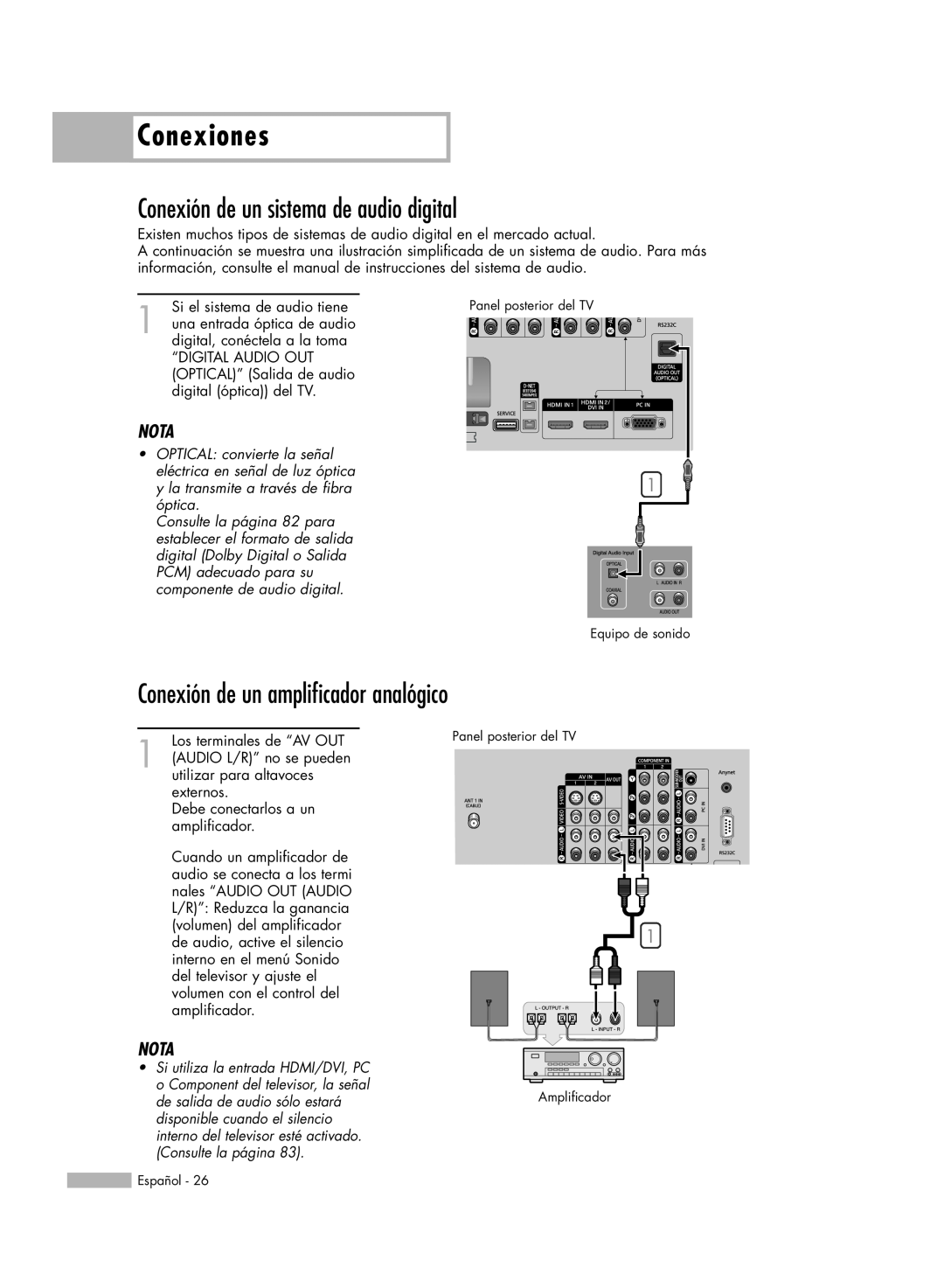 Samsung HL-R5678W manual Conexión de un sistema de audio digital, Conexión de un amplificador analógico, Conexiones, Nota 