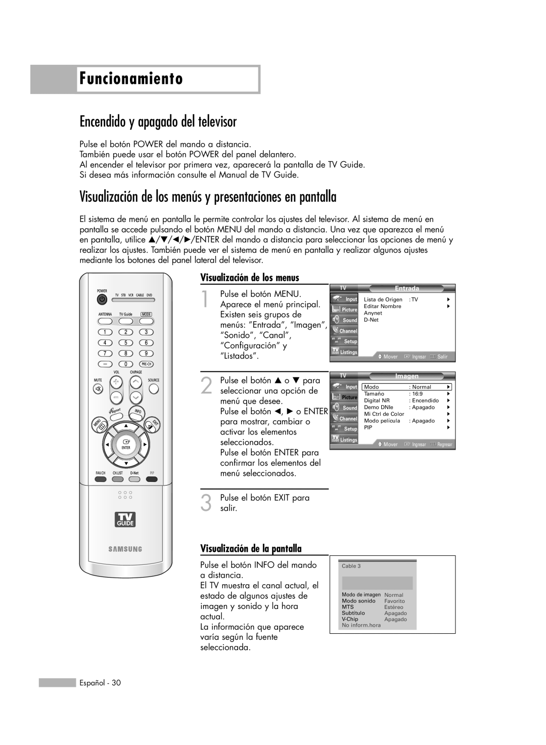 Samsung HL-R5678W, HL-R6178W, HL-R5078W manual Funcionamiento, Encendido y apagado del televisor, Visualización de los menus 