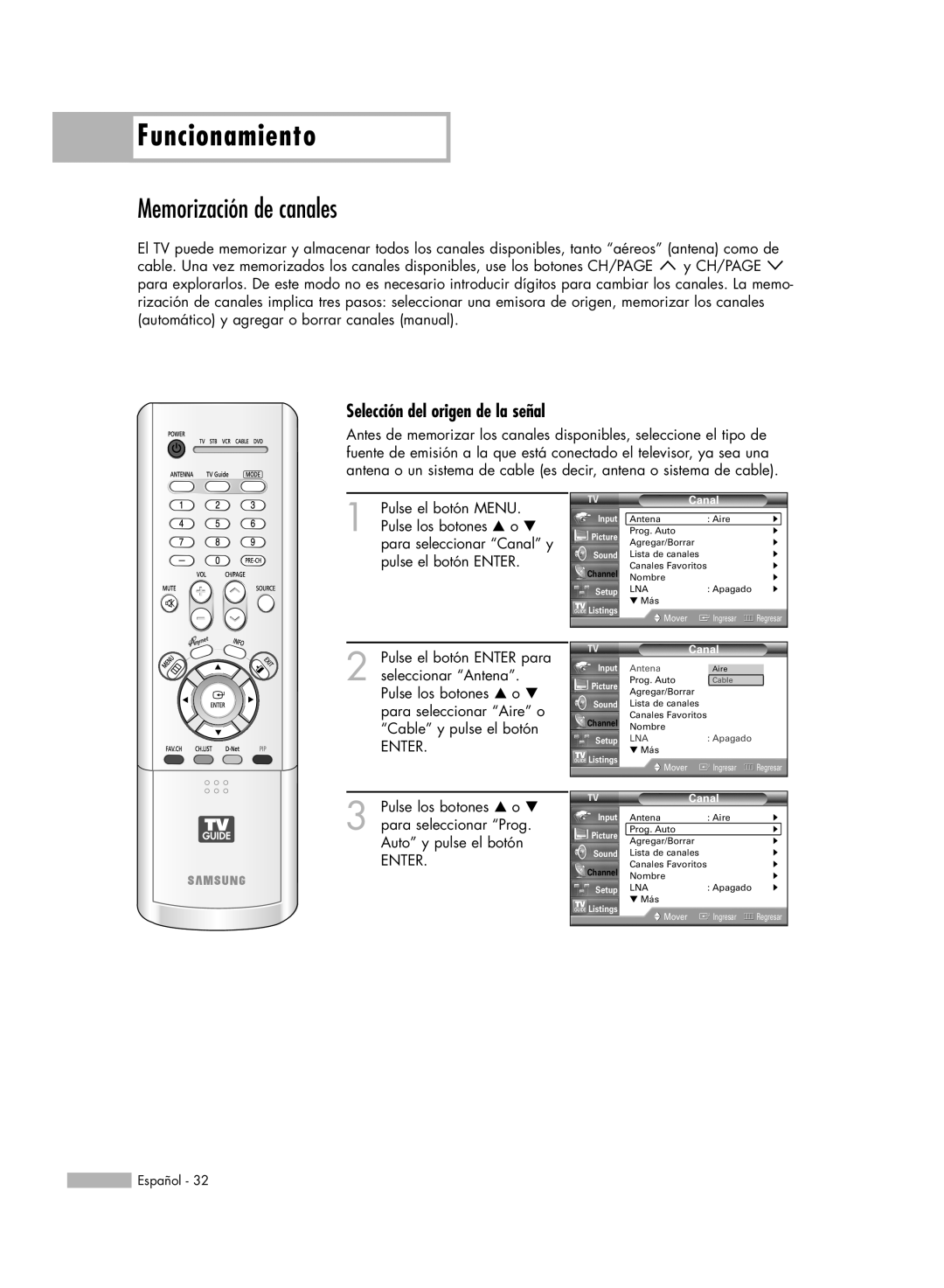 Samsung HL-R6178W, HL-R5078W, HL-R5678W, HL-R7178W Memorización de canales, Selección del origen de la señal, Funcionamiento 