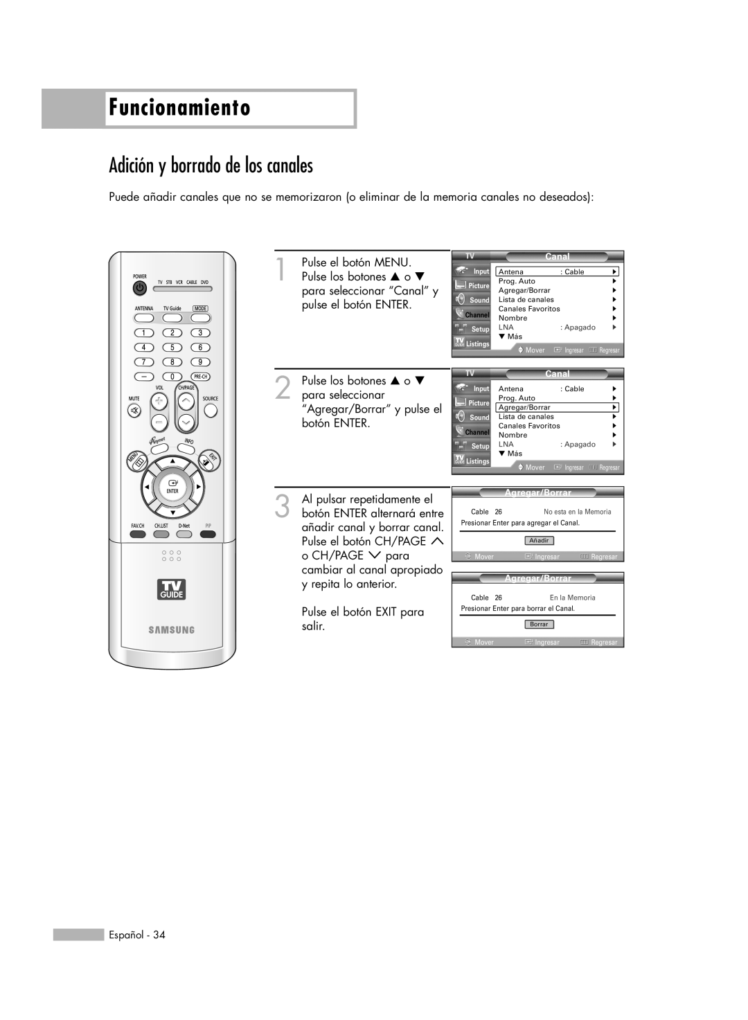 Samsung HL-R5678W, HL-R6178W, HL-R5078W, HL-R7178W manual Adición y borrado de los canales, Funcionamiento 