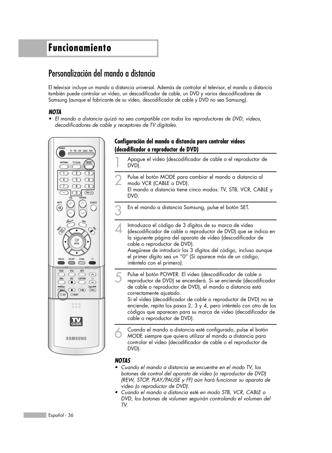 Samsung HL-R6178W, HL-R5078W, HL-R5678W, HL-R7178W manual Personalización del mando a distancia, Funcionamiento, Notas 