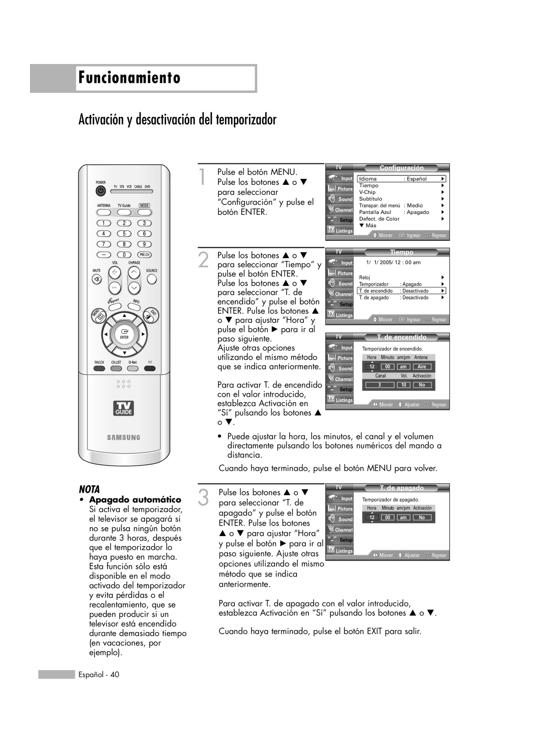 Samsung HL-R6178W, HL-R5078W Activación y desactivación del temporizador, Funcionamiento, Nota, Pulse los botones … o † 