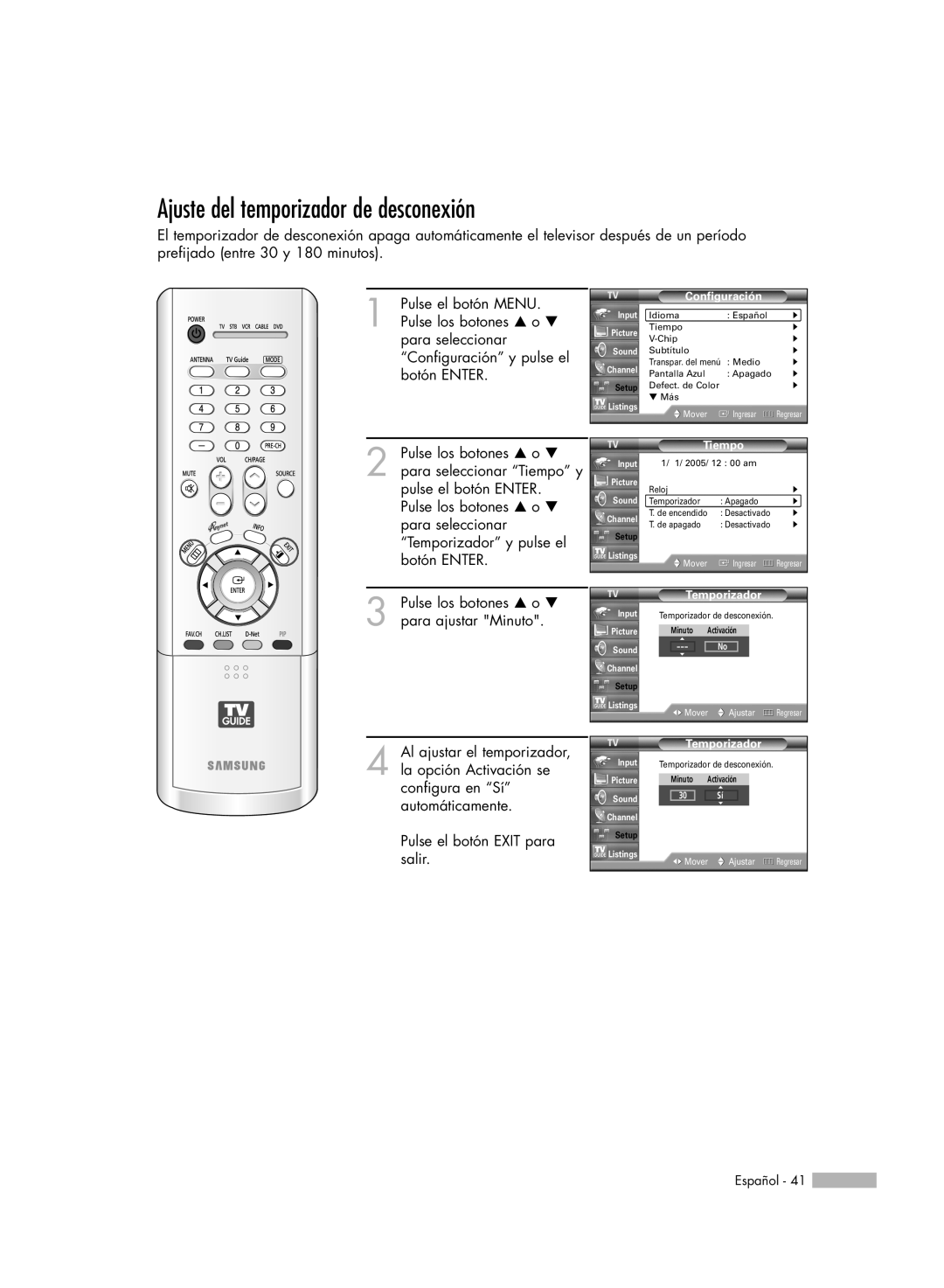 Samsung HL-R5078W, HL-R6178W, HL-R5678W, HL-R7178W manual Ajuste del temporizador de desconexión 