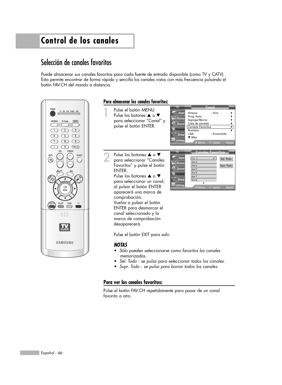 Samsung HL-R5678W Control de los canales, Selección de canales favoritos, Para almacenar los canales favoritos, Notas 