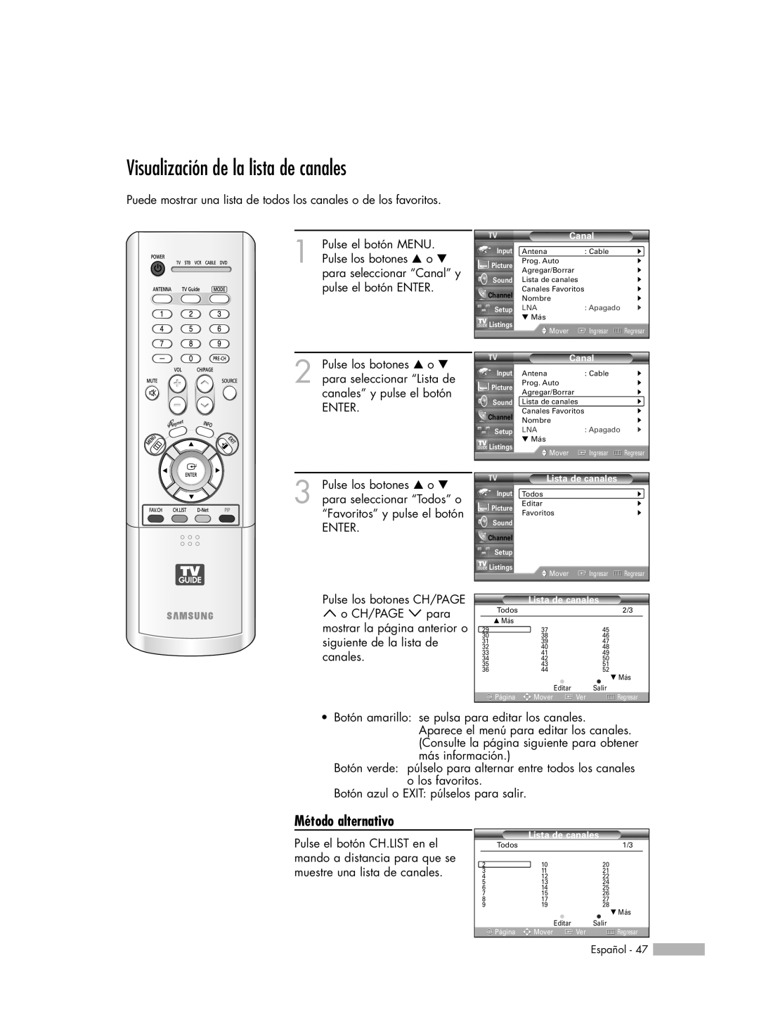 Samsung HL-R7178W, HL-R6178W, HL-R5078W, HL-R5678W manual Visualización de la lista de canales, Método alternativo 