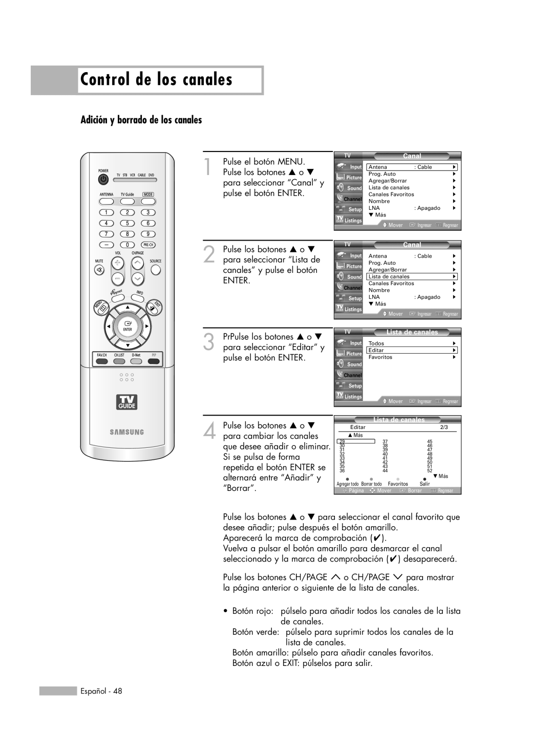 Samsung HL-R6178W, HL-R5078W, HL-R5678W, HL-R7178W manual Adición y borrado de los canales, Control de los canales 