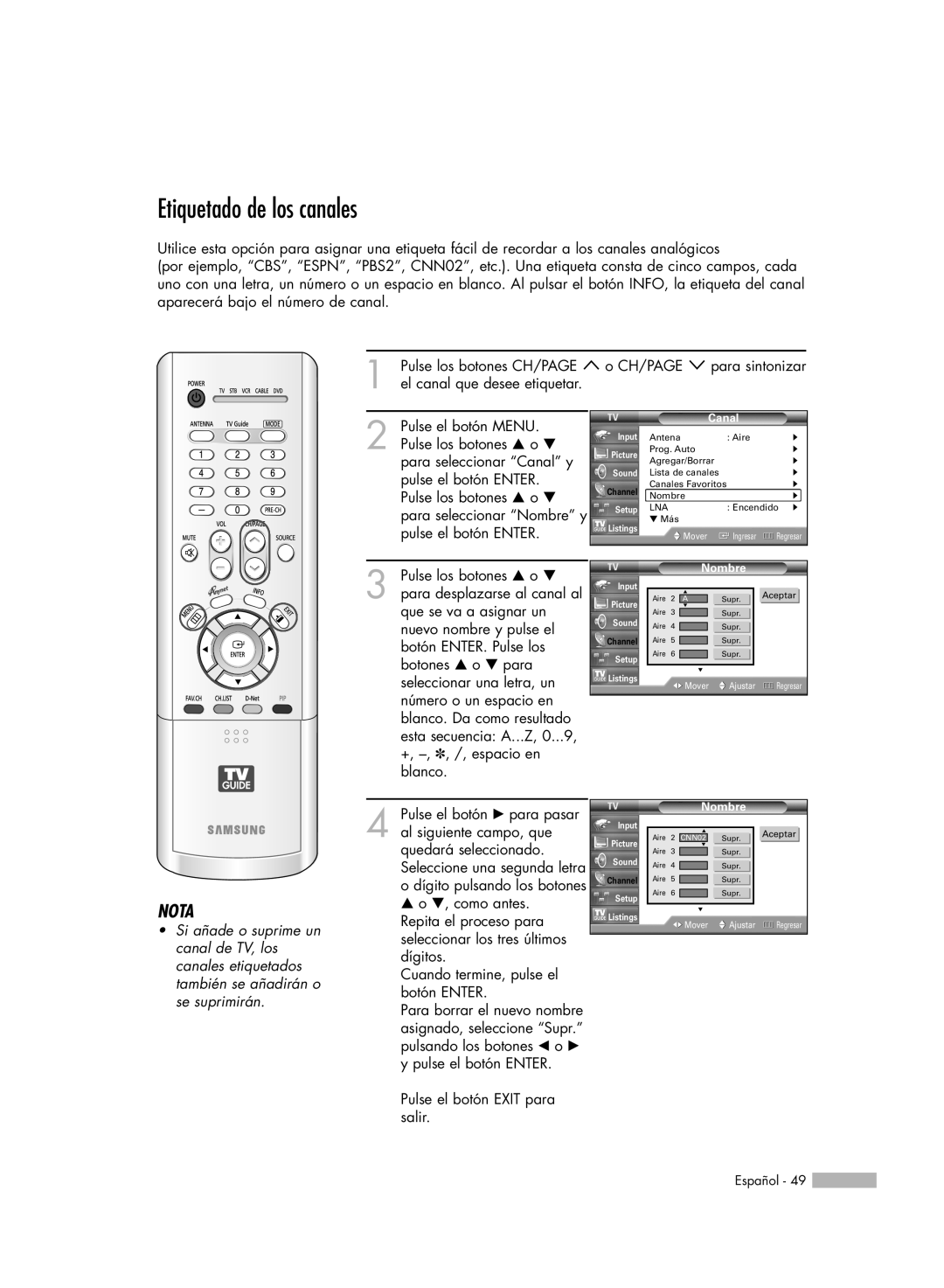Samsung HL-R5078W, HL-R6178W, HL-R5678W, HL-R7178W manual Etiquetado de los canales, Nota 