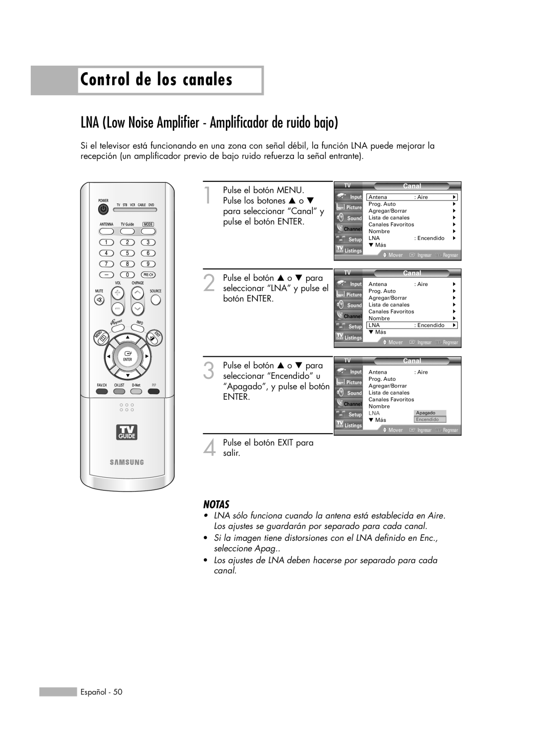 Samsung HL-R5678W, HL-R6178W, HL-R5078W, HL-R7178W Control de los canales, Notas, ENTER 4 Pulse el botón EXIT para salir 