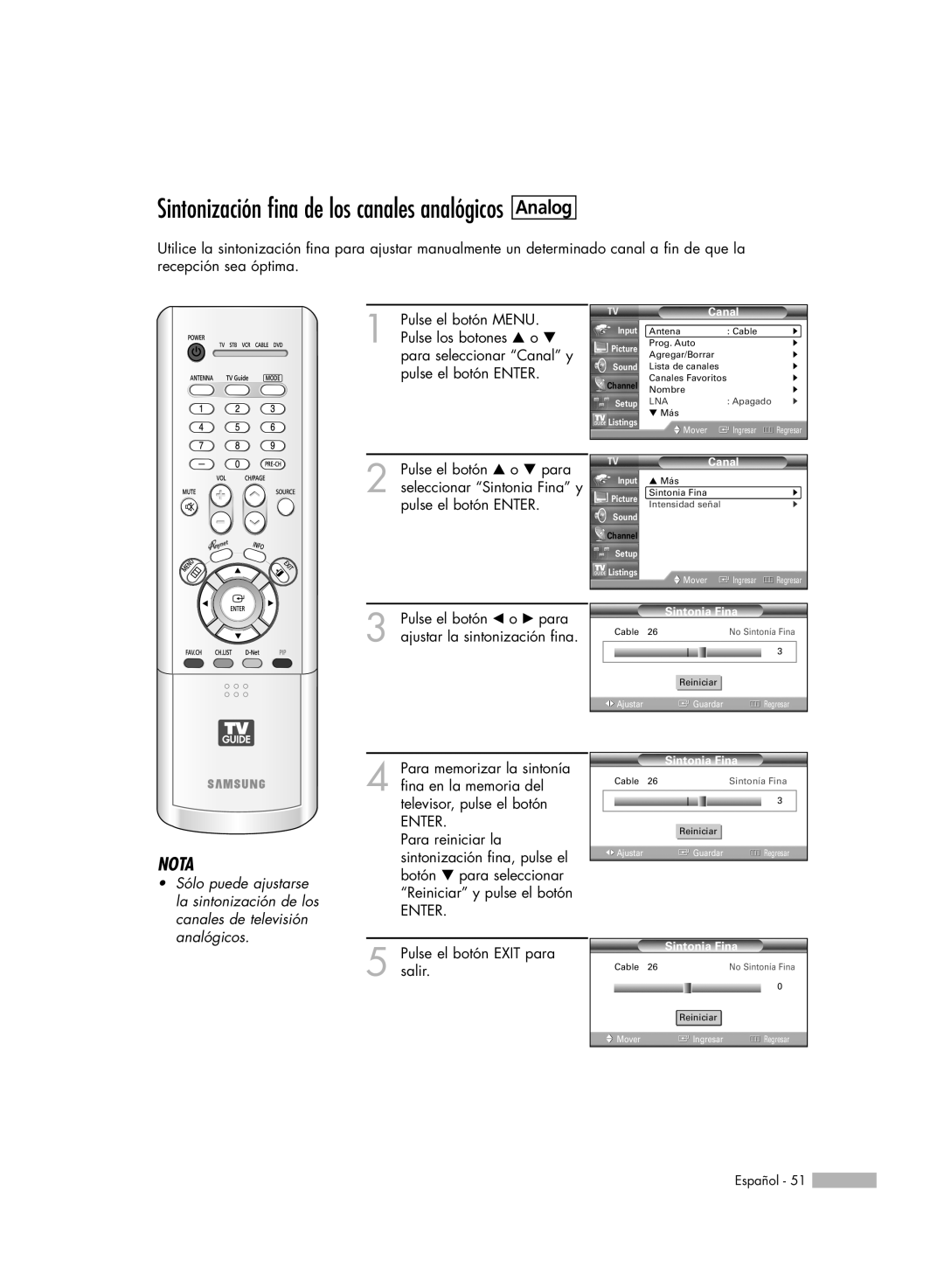 Samsung HL-R7178W, HL-R6178W, HL-R5078W, HL-R5678W manual Analog, Sintonización fina de los canales analógicos, Nota 
