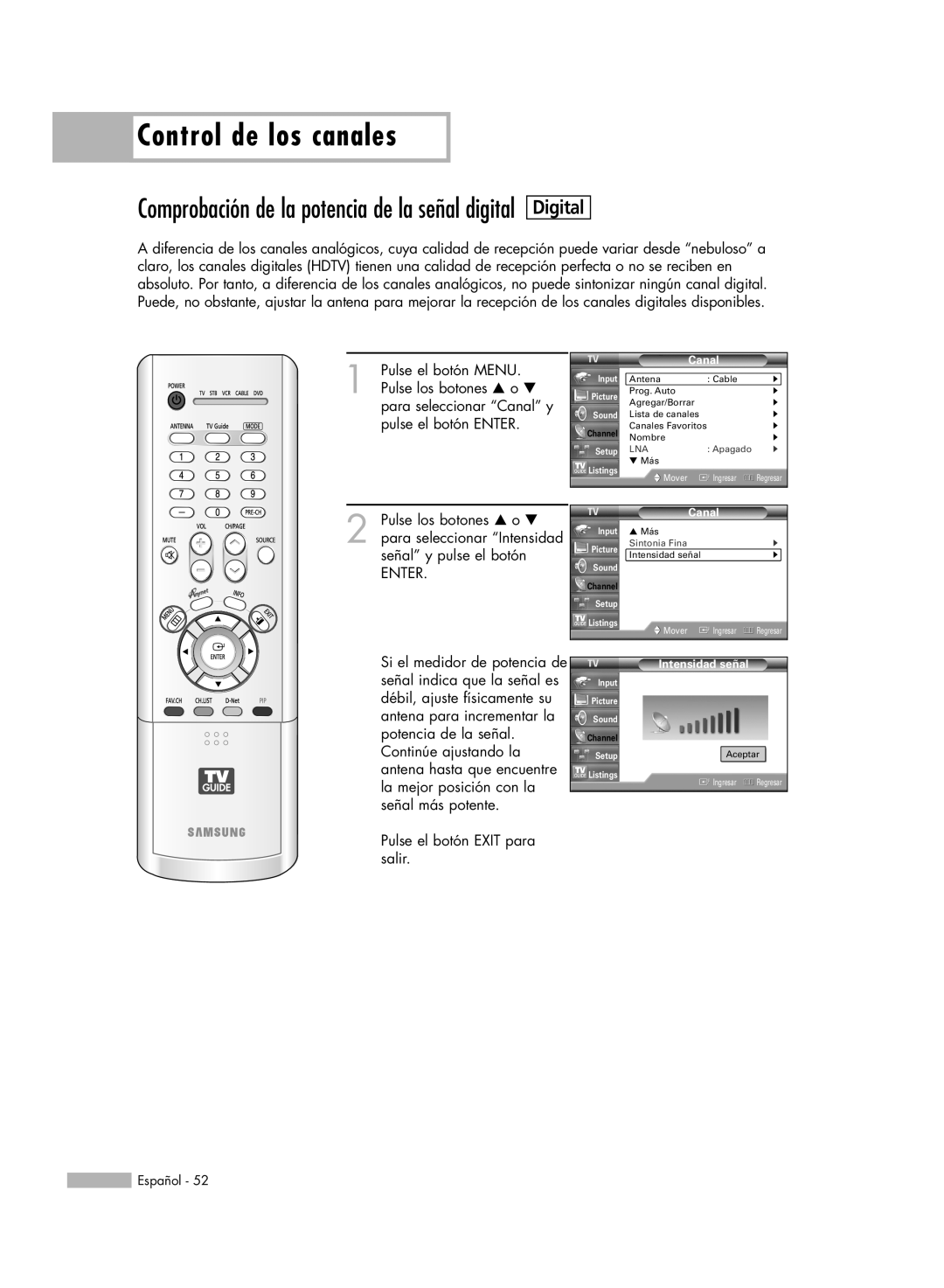 Samsung HL-R6178W, HL-R5078W, HL-R5678W Comprobación de la potencia de la señal digital, Digital, Control de los canales 