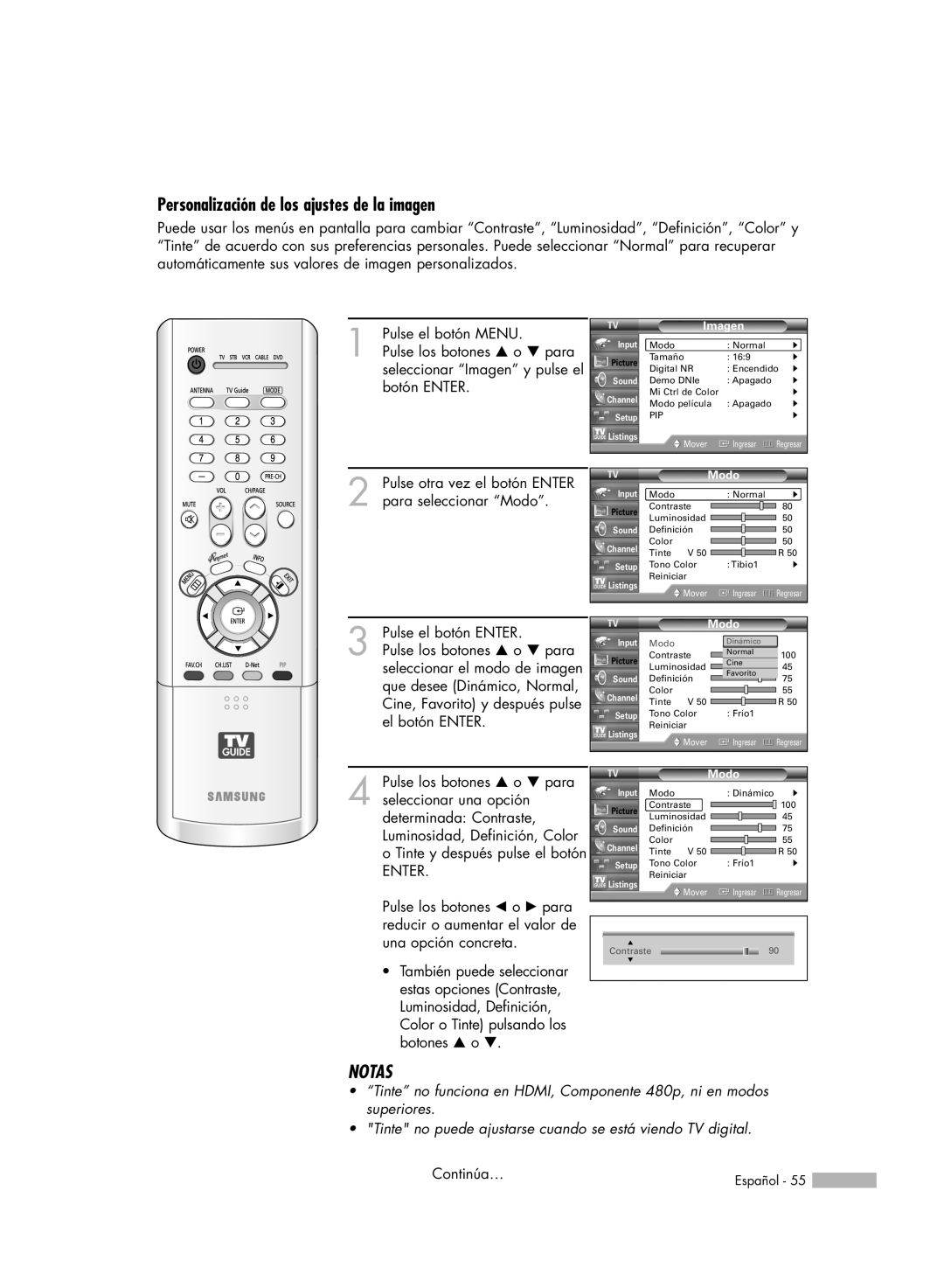 Samsung HL-R7178W Personalización de los ajustes de la imagen, Notas, Pulse el botón MENU, Pulse el botón ENTER, Enter 