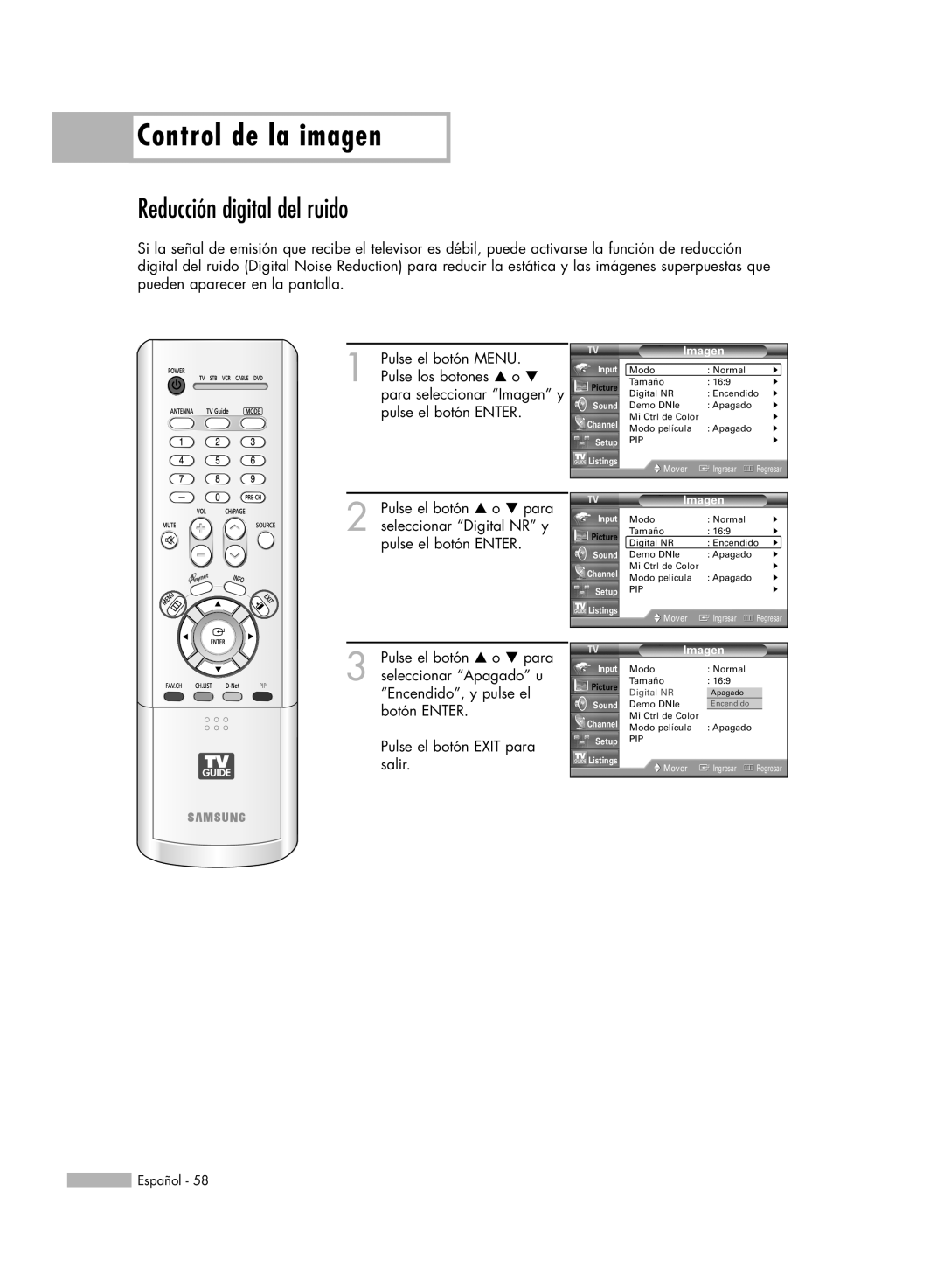 Samsung HL-R5678W, HL-R6178W, HL-R5078W, HL-R7178W manual Reducción digital del ruido, Control de la imagen 
