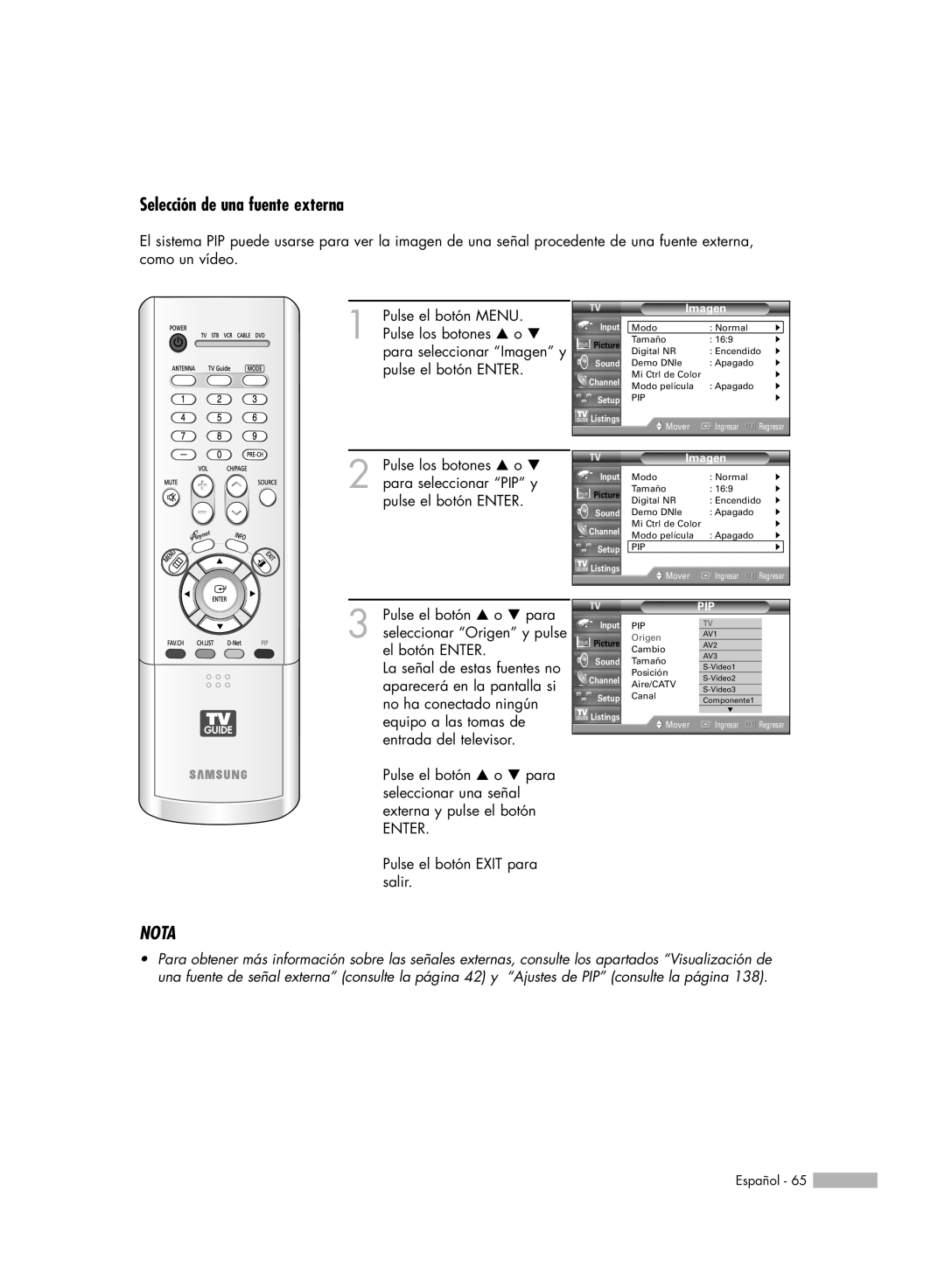 Samsung HL-R5078W, HL-R6178W, HL-R5678W, HL-R7178W manual Selección de una fuente externa, Nota 