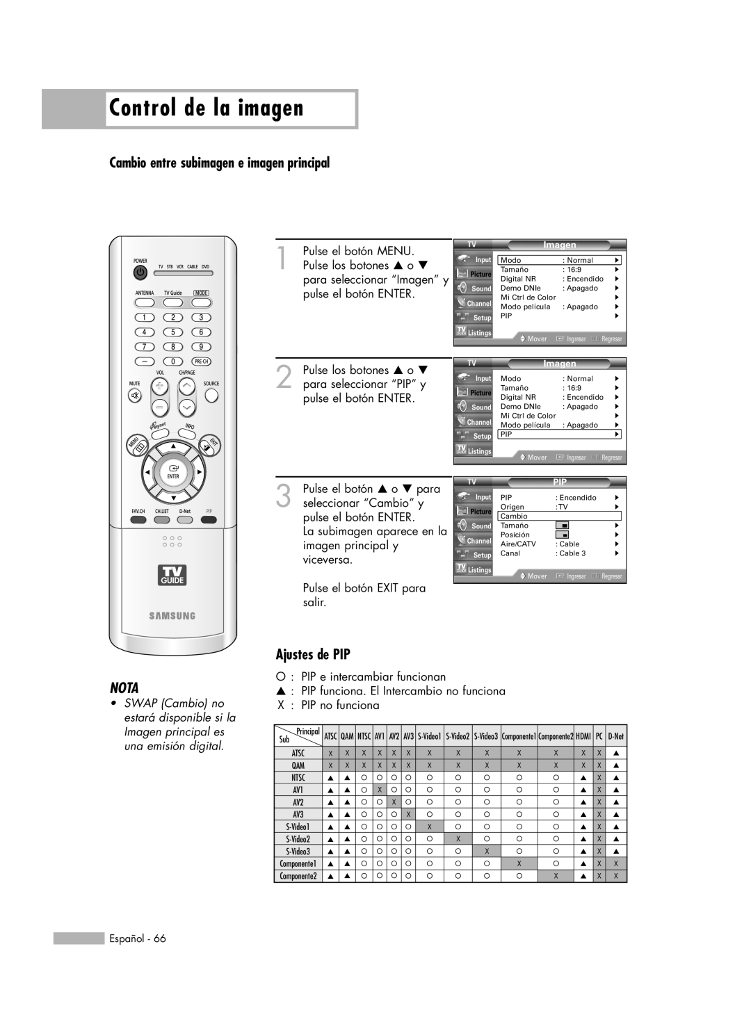 Samsung HL-R5678W, HL-R6178W manual Ajustes de PIP, Control de la imagen, Nota, Cambio entre subimagen e imagen principal 